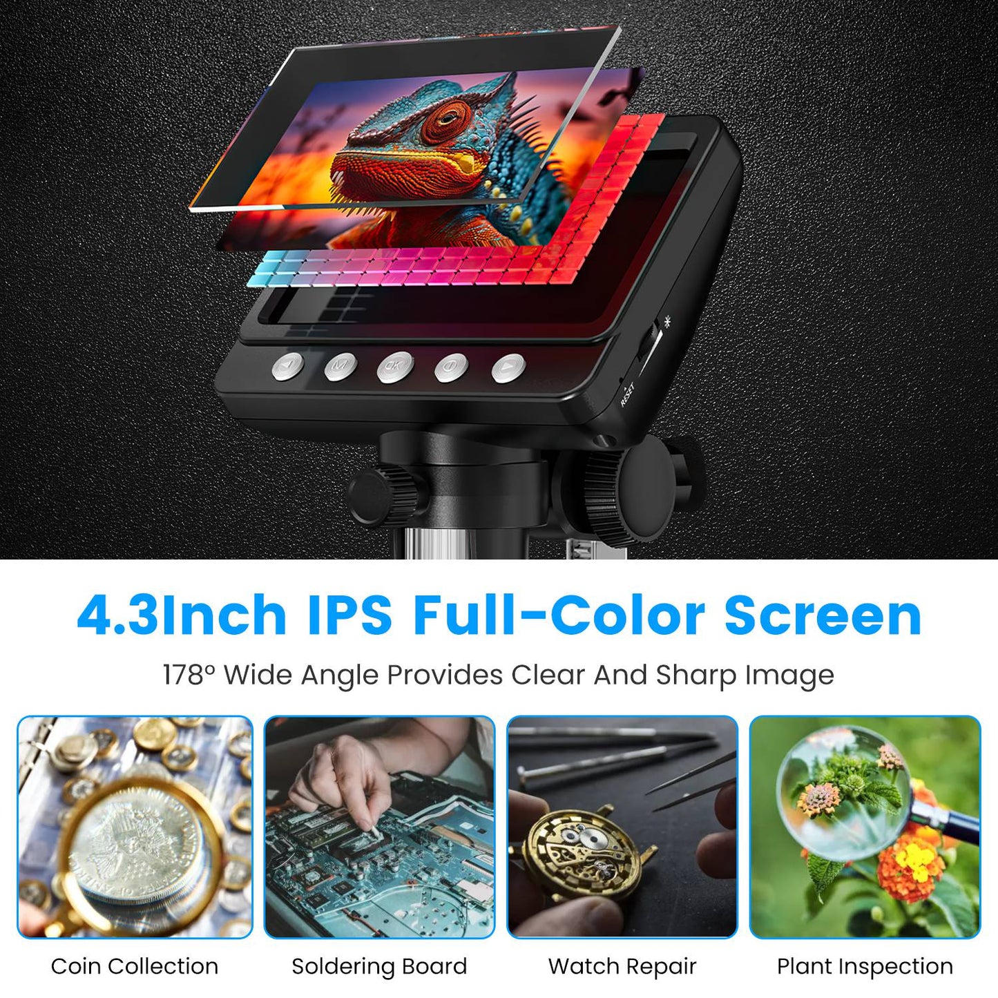 4.3Inch LCD Digital Microscope 1000X 1080P Photo Video Error Coin Magnifier with 8 Dimmable LED Lights PC Views Compatible with MacOS Windows Included