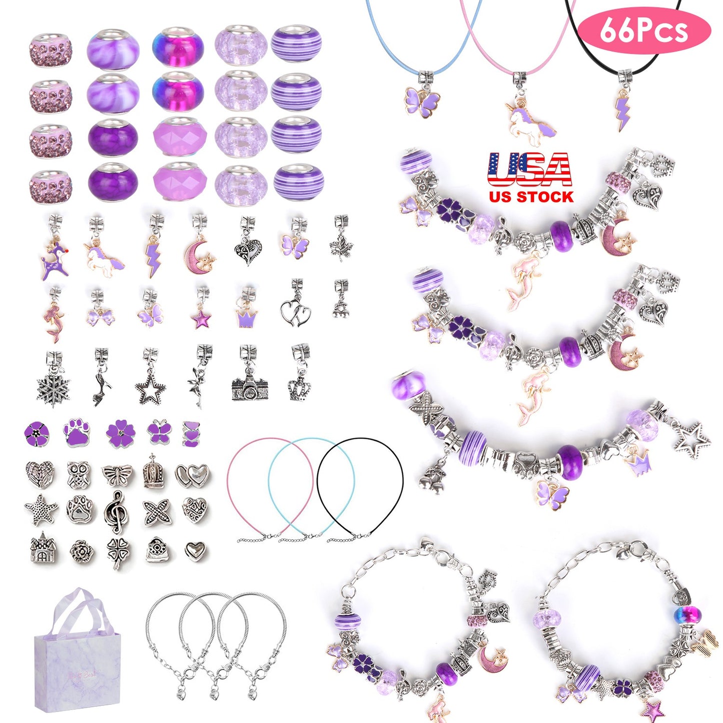 66Pcs Charm Bracelet Making Kit Kids\' Jewelry Necklace Making Kits Colorful DIY Charm Beads Pendant SetÊJewelry Decor Supplies with Gift Box for 5-12