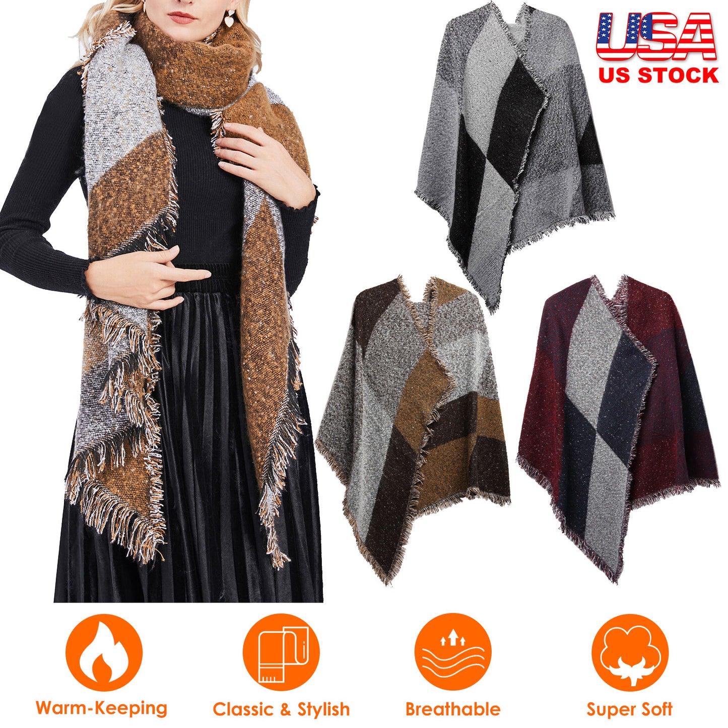 Women Winter Warm Scarf 74.8x25.6In Long Soft Knitted Shawl Extra Thick Plaid Blanket Wrap Cape