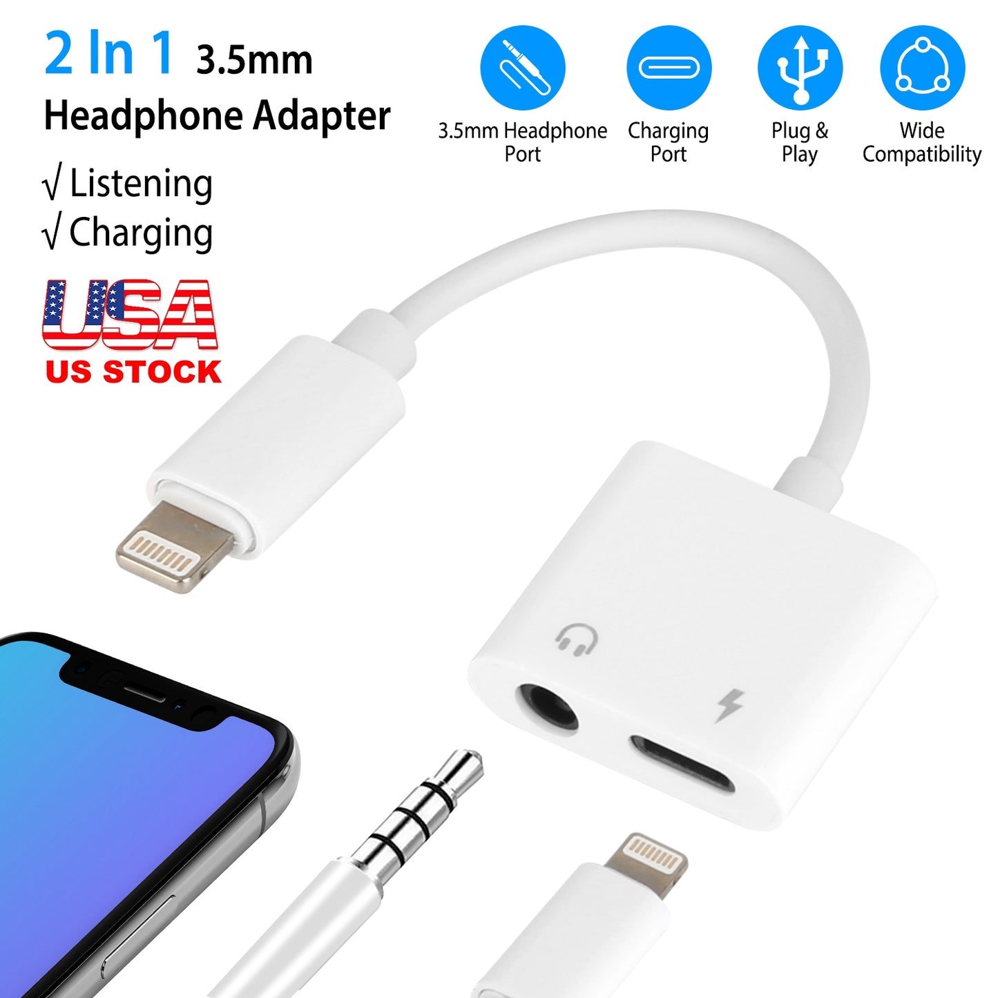 2 In 1 3.5mm Headphone Adapter Charger Audio Splitter Dongle Adapter Fit for iPhone 13/13Pro/SE/12/12 Mini/12 Pro/12 Pro Max/iPhone 11/11 Pro/11 Pro M