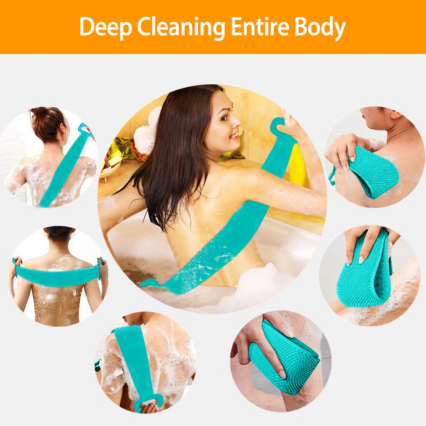 Silicone Back Scrubber Belt For Shower Exfoliating Foaming Body Wash Strap Brush Bristles Massage Dots W/ Adhesive Hook