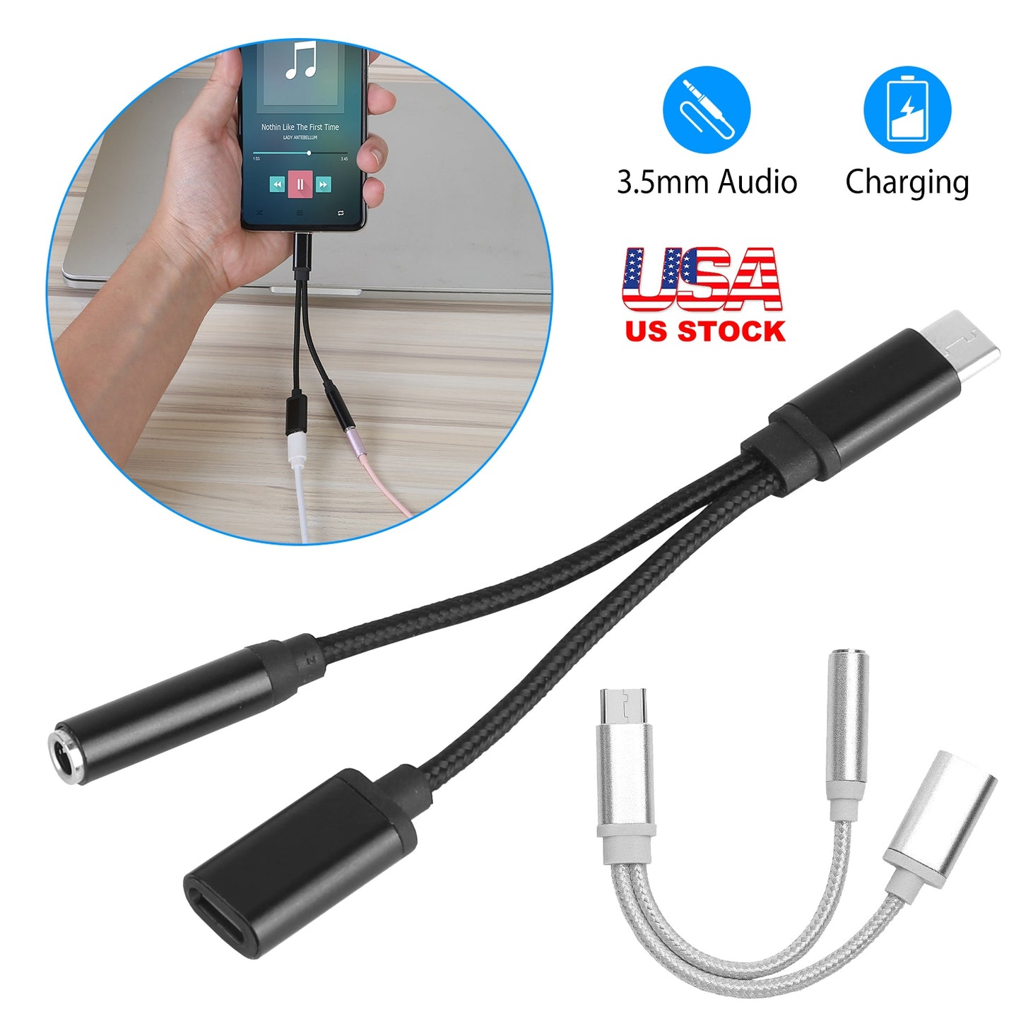 USB Type C to 3.5mm Aux Audio Charging Adapter Braided TPE Metal Shell Headphone Jack Splitter Cable Wire Charger