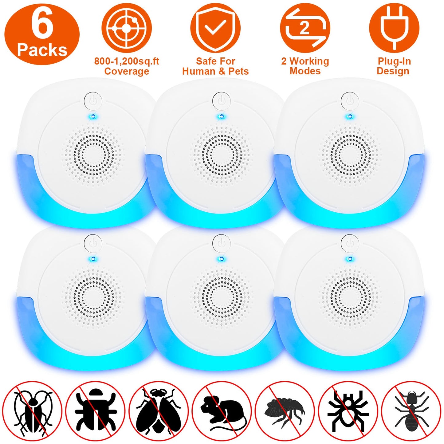 6 Packs Ultrasonic Pest Repellers Plug-In Indoor Pest Control Mouse Repellent Chaser Deterrent for Home Kitchen Office Warehouse Hotel