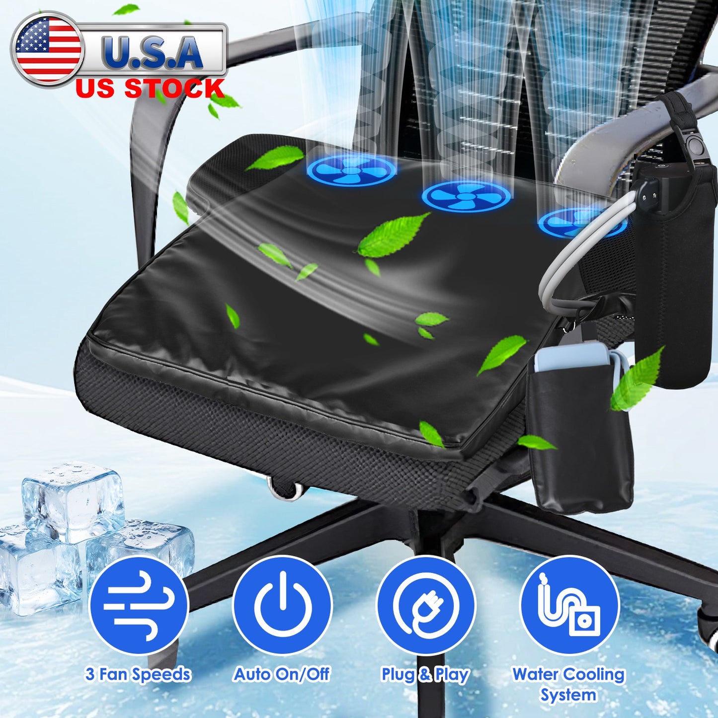 Summer Water Cooling System Seat Cushion With Fans 3 Speeds 26¡C/78¡F Constant Temperature USB Plug Portable Auto On/Off Ventilated Seat Cushion For H