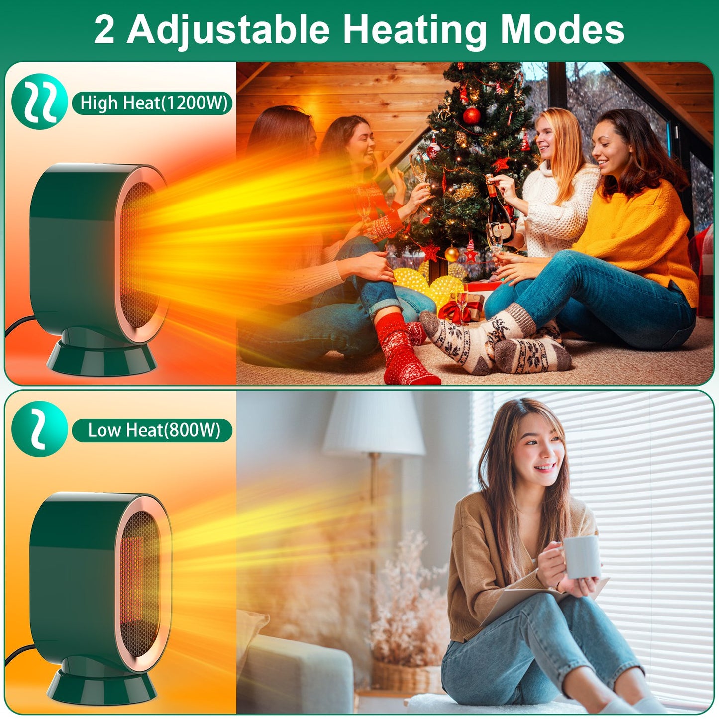 1200W Oscillating Electric Space Heater Mini Desk Heater with 2 Modes 3S Fast Heating Tip-over Overheat Protection for Home Office