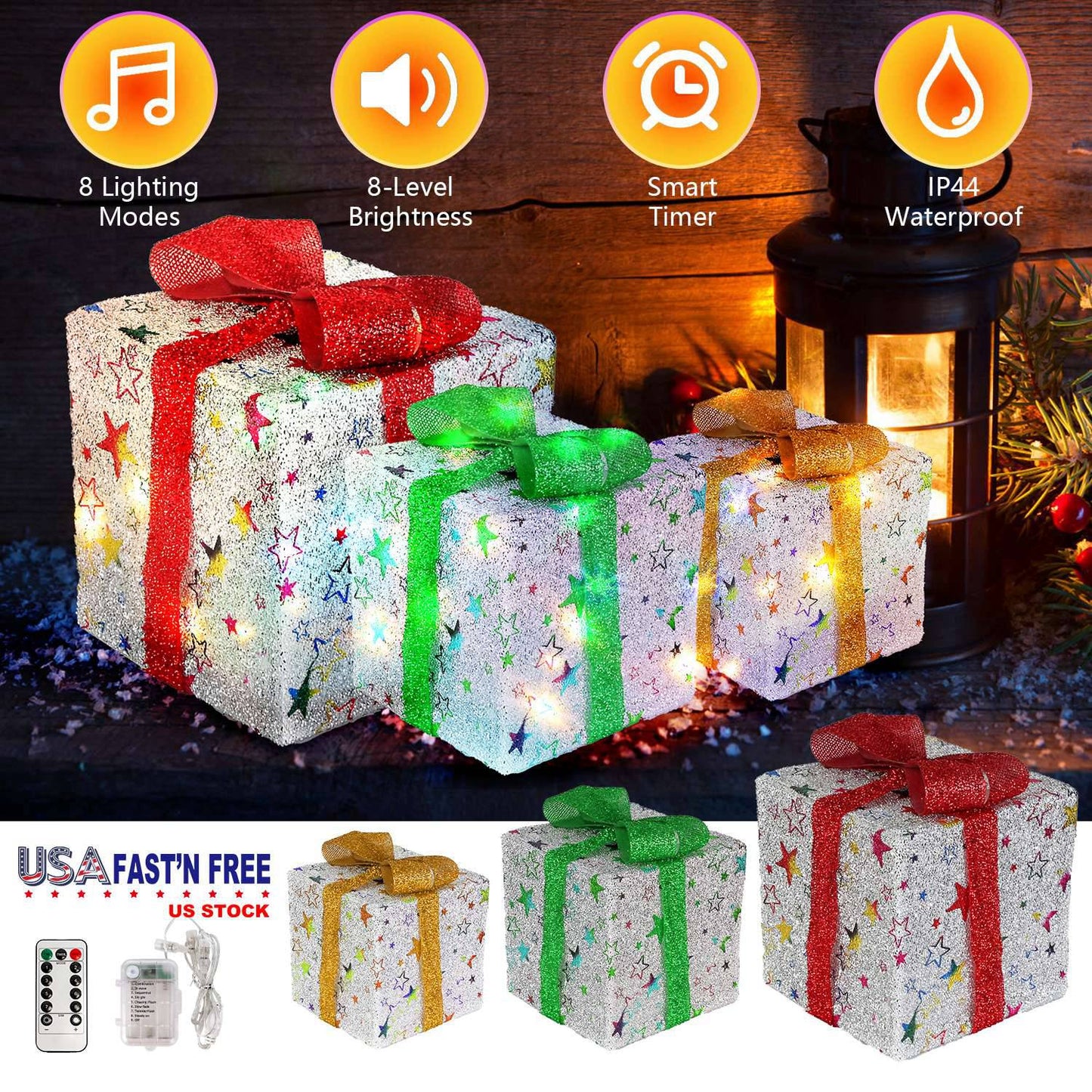 Set of 3 Christmas Lighted Gift Boxes Xmas Present Ornament 50 LED Christmas Box Decorations with Ribbon Bows IP44 Waterproof Battery Powered for Indo