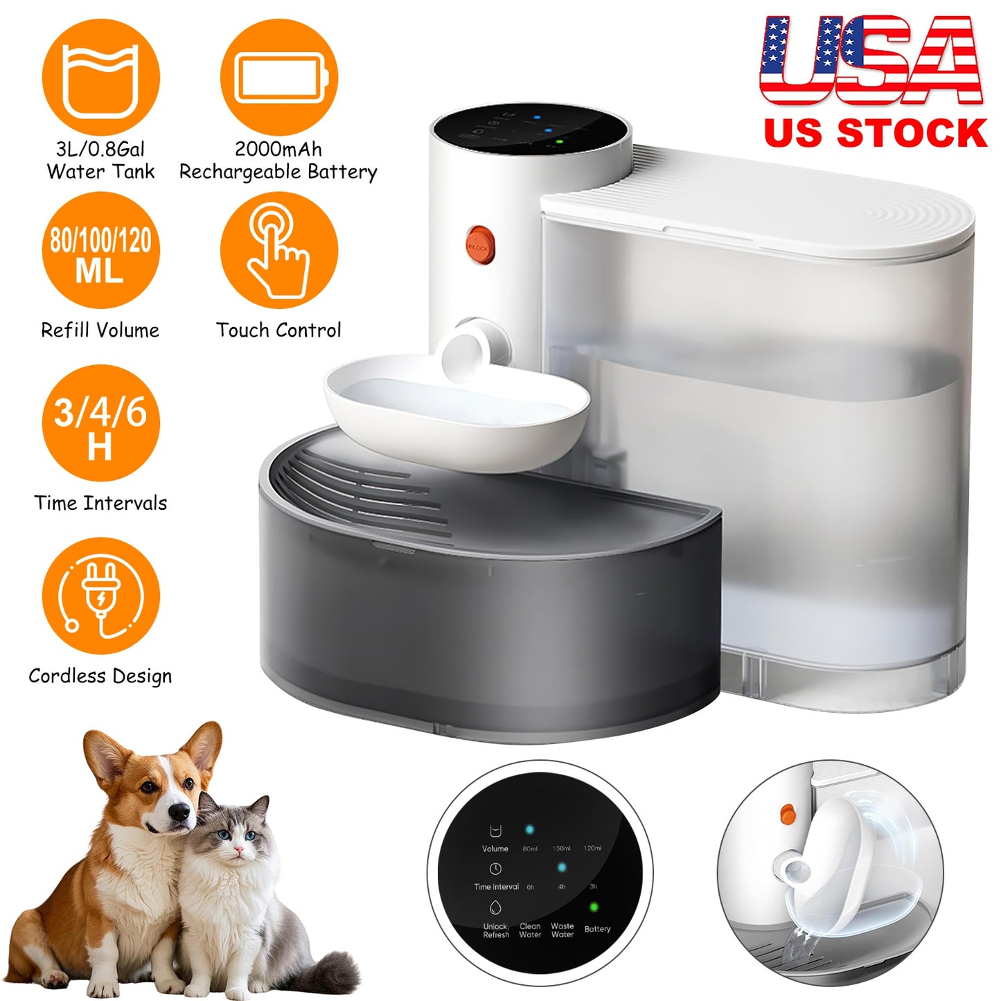 Smart Pet Water Fountain Automatic Cat Water Dispenser 3L/101OZ Cordless Rechargeable Dog Water Fountain Self-Refill with 3 Adjustable Volume 3 Time I