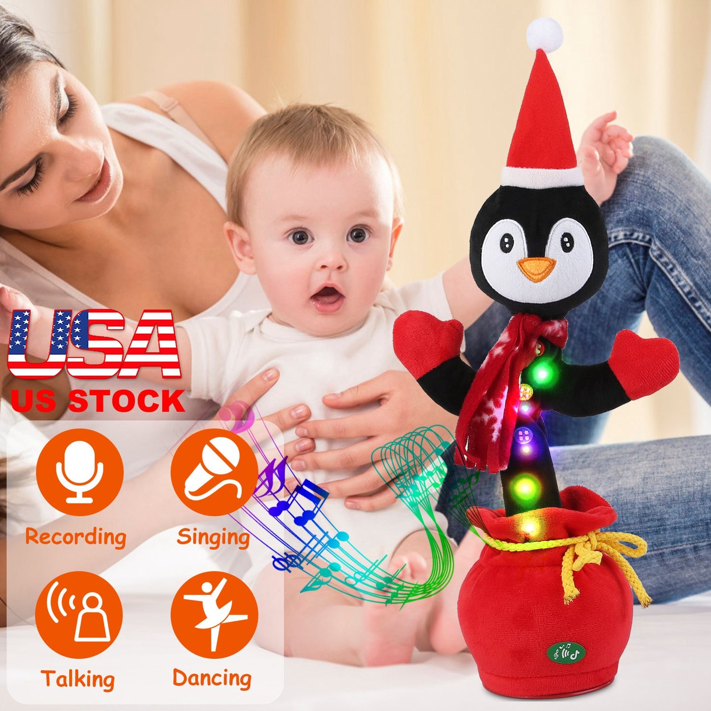 Kid Electric Dance Toy Christmas Elk Snowman Senior Penguin Plush Toy Interactive Sing Song Whirling Mimicking Recording Light up Toy