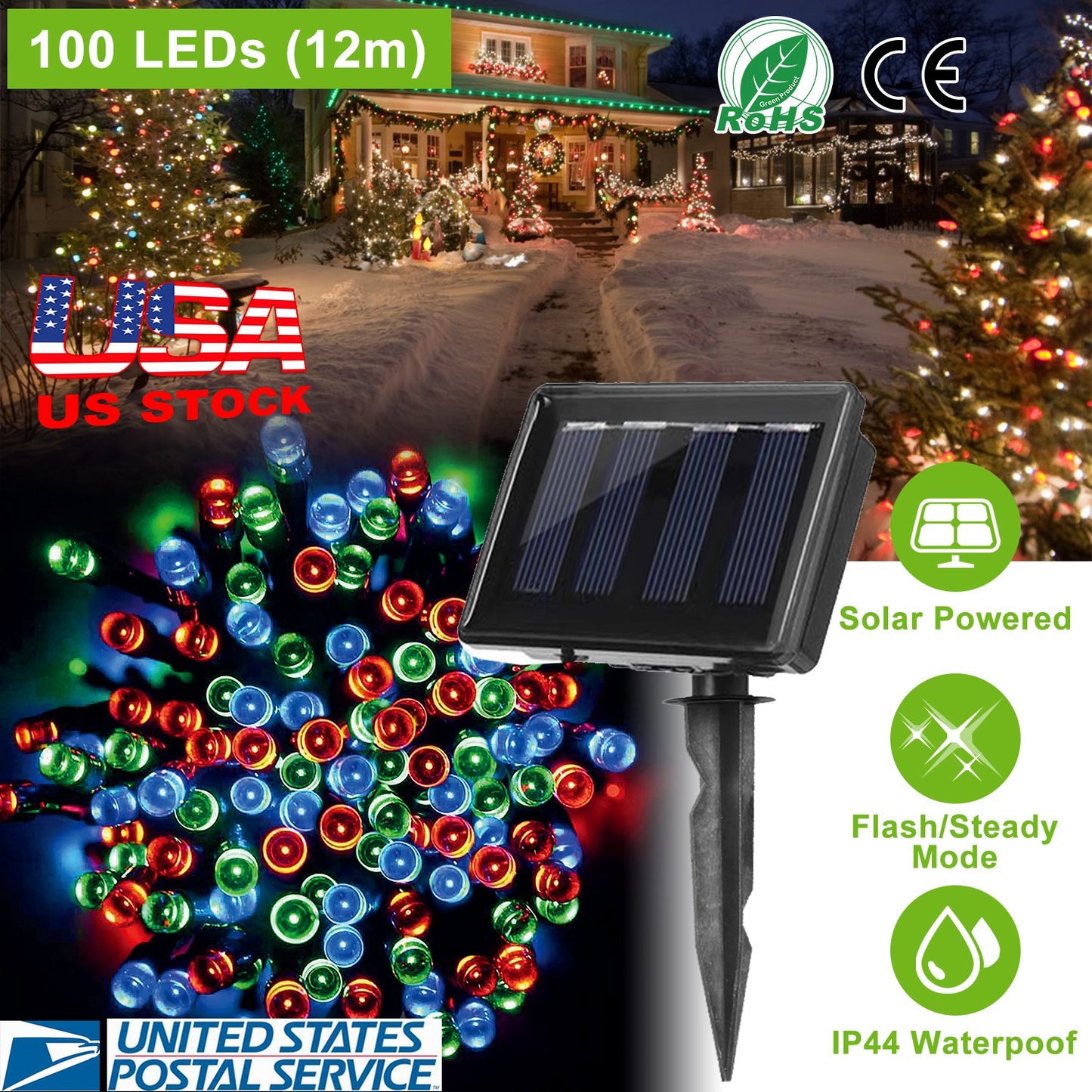 12M 100 LEDs Solar String Fairy Lights Multicolor String Lamps Garden Xmas Lamp