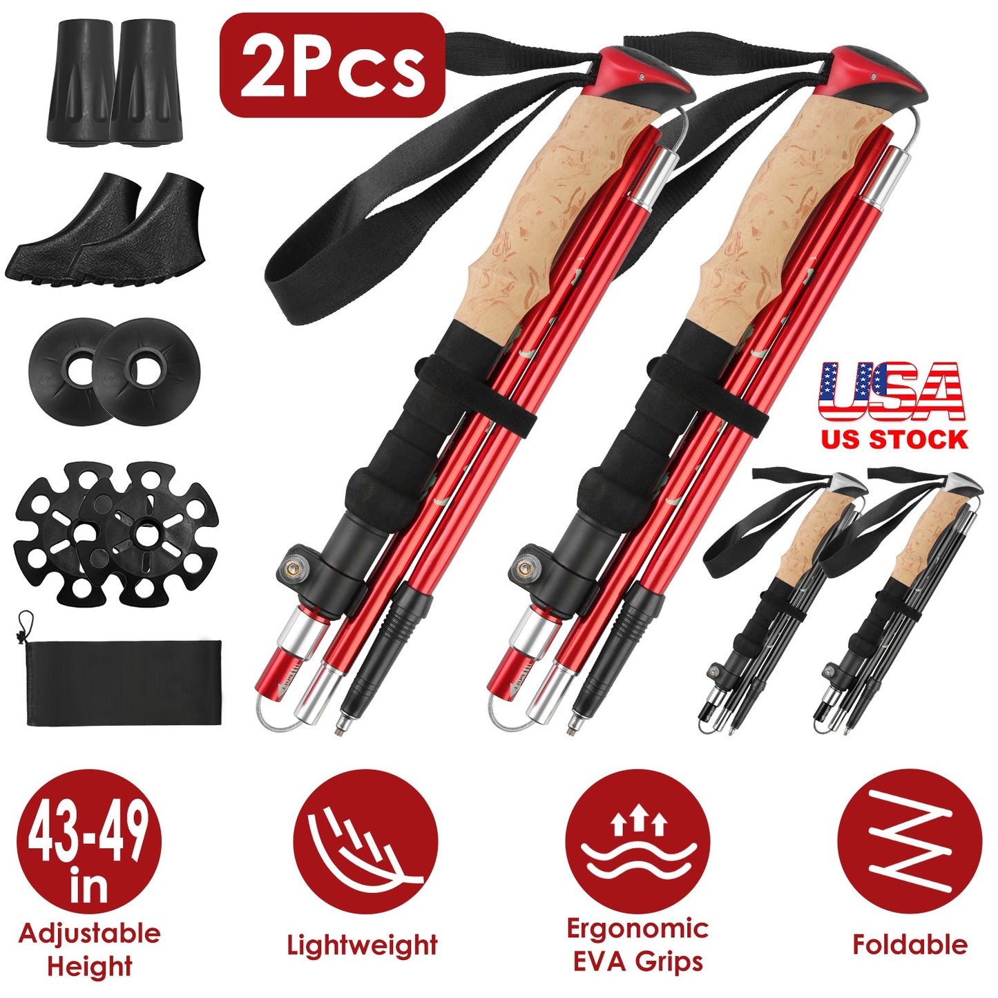 2Pcs Walking Sticks Collapsible Hiking Poles Folding Aluminum Trekking Poles Adjustable Hiking Sticks with EVA Foam Grips for Backpacking Hiking Mount