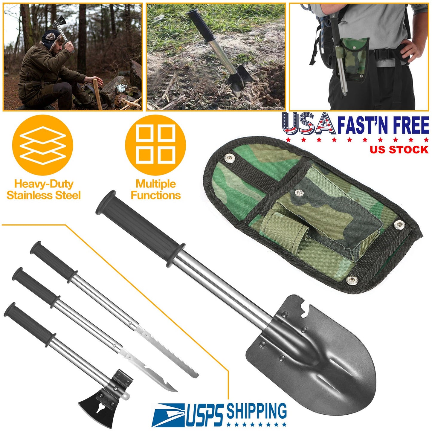 6-in-1 Multi Tool Survival Kit Shovel Knife Axe Saw Nail Puller w/ Pouch Outdoor Gear Camping