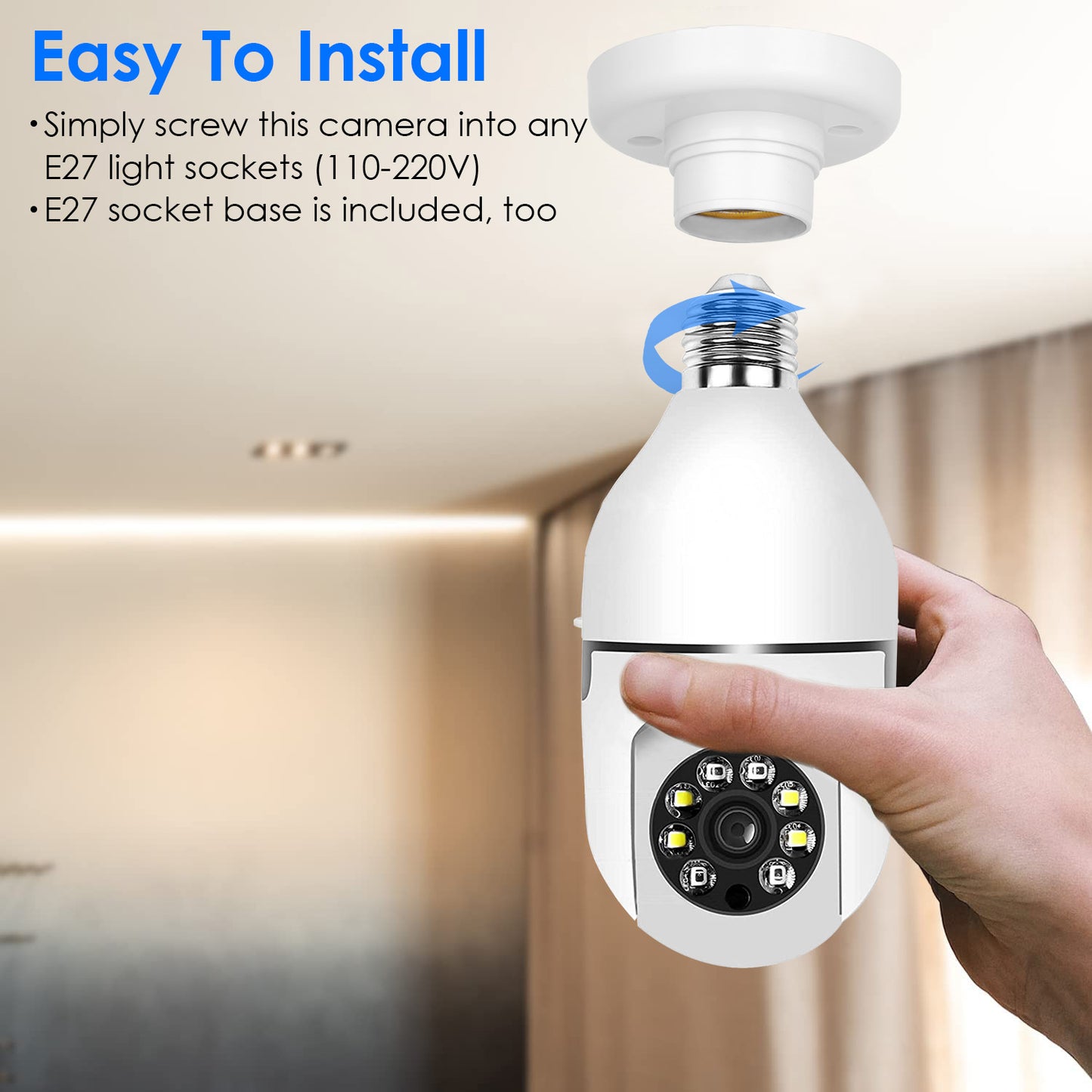E27 WiFi Bulb Camera 1080P FHD WiFi IP Pan Tilt Security Surveillance Camera with Two-Way Audio Night Vision Motion Detection Function APP Control