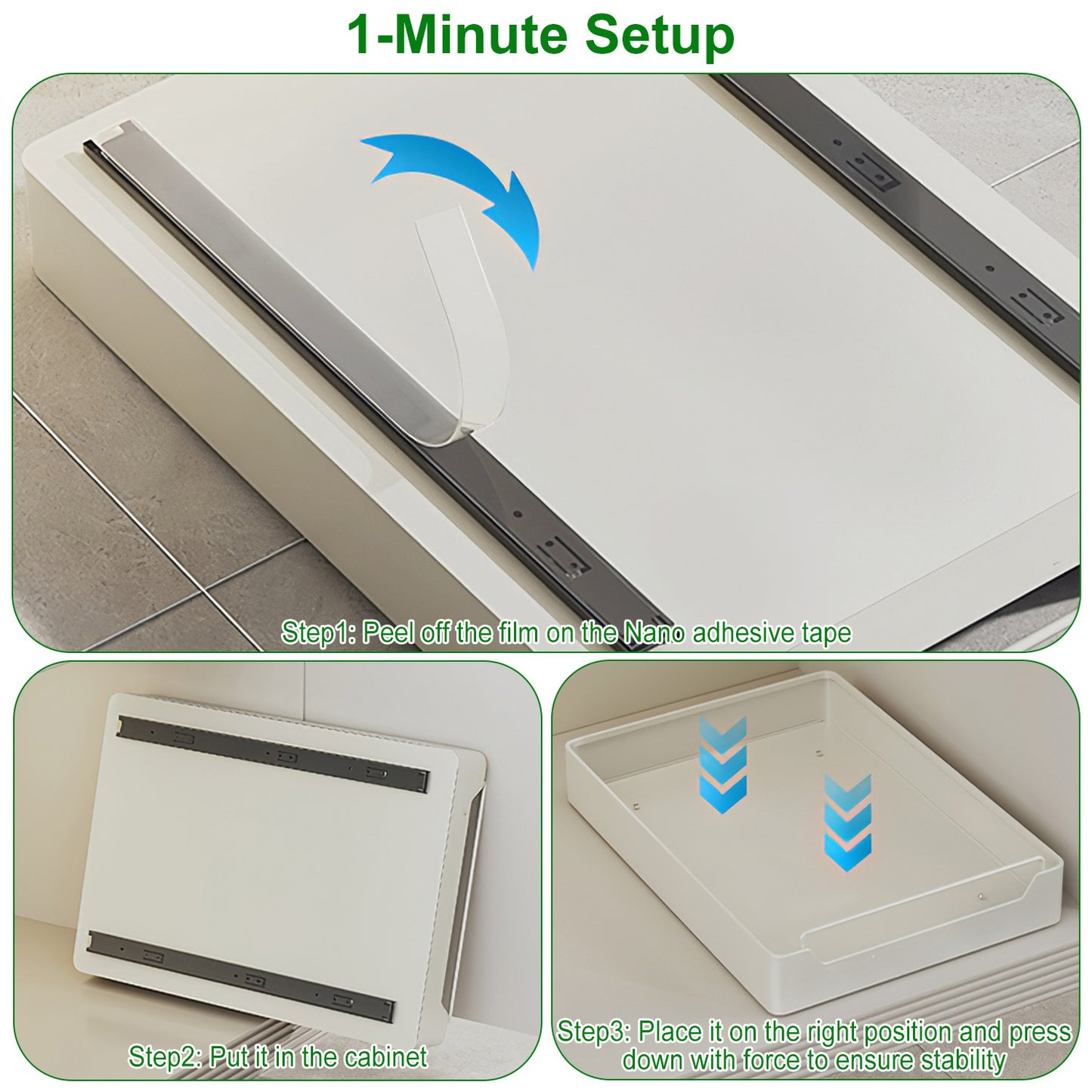 2Pcs Pull Out Cabinet Organizers Sliding Shelf Spice Rack Carbon Steel Roll Out Drawers Fixed with Adhesive Nano Film with Handle 55LBS Max Load