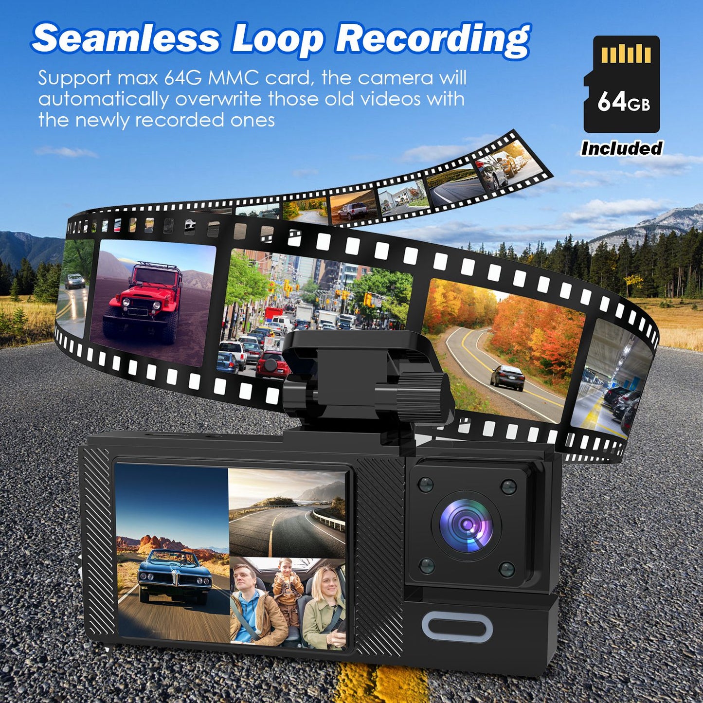 WiFi FHD 1080P Car Dash Cam 3 Channels Front Rear Inside Dash Camera with Loop Recording Reversing Image Night Vision 170¡ Wide Angle Support 64G MMC