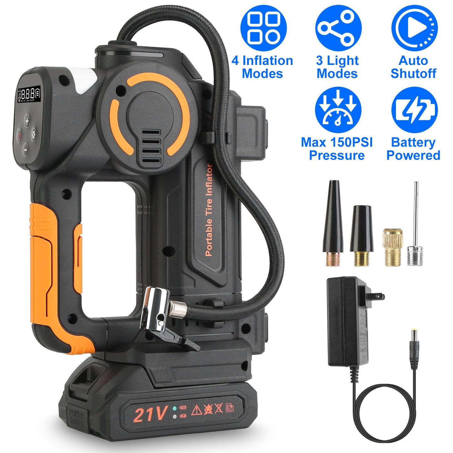 140W 150PSI 21V Battery Powered Tire Inflator Cordless Air Pump Digital Air Compressor with LED Light for Cars Motorcycles Bicycles Balls