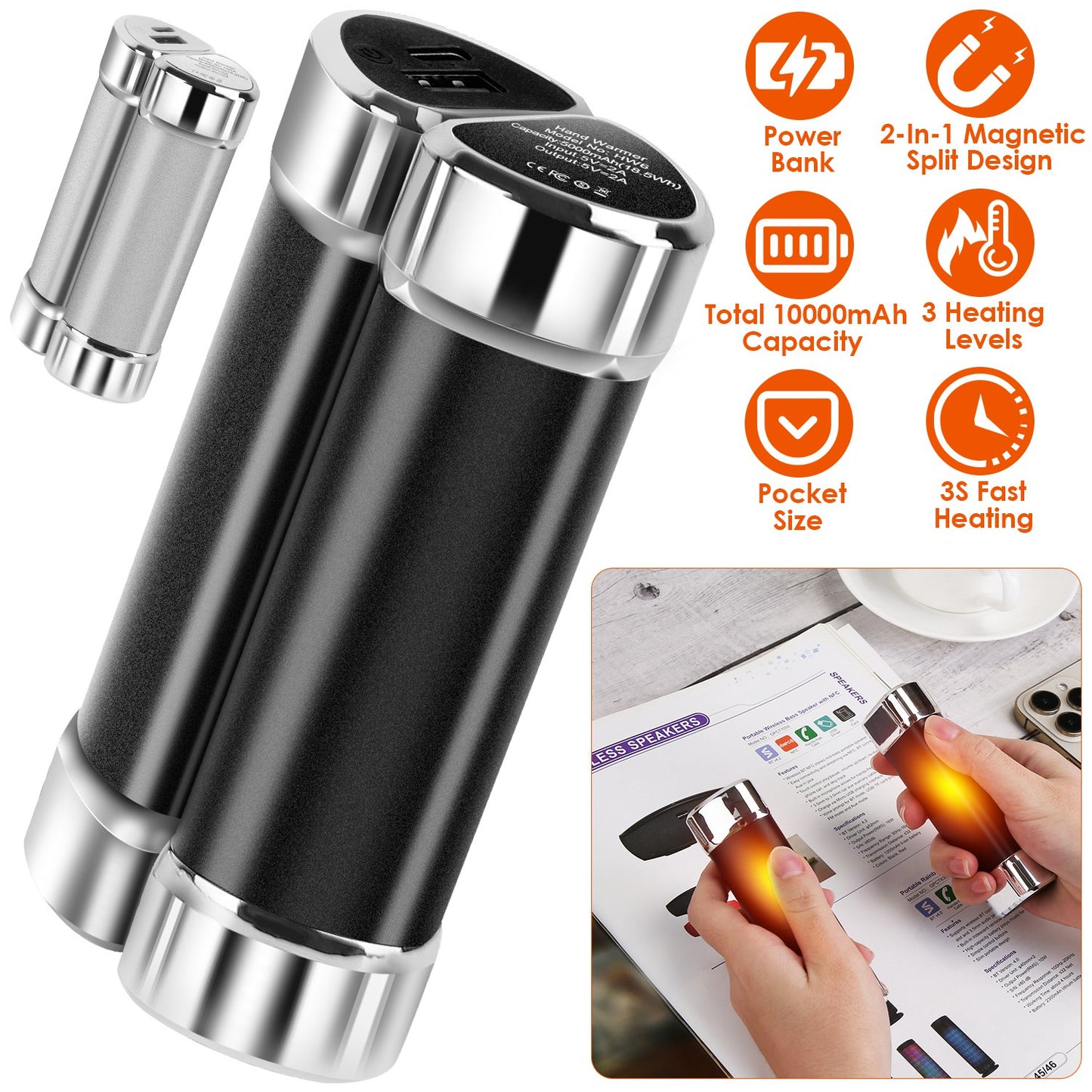 2 Packs 10000mAh Split-Magnetic Handwarmers 2 in 1 Portable Electric Pocket Heater Power Bank Portable Charger with 3 Heating Levels for Camping Hunt