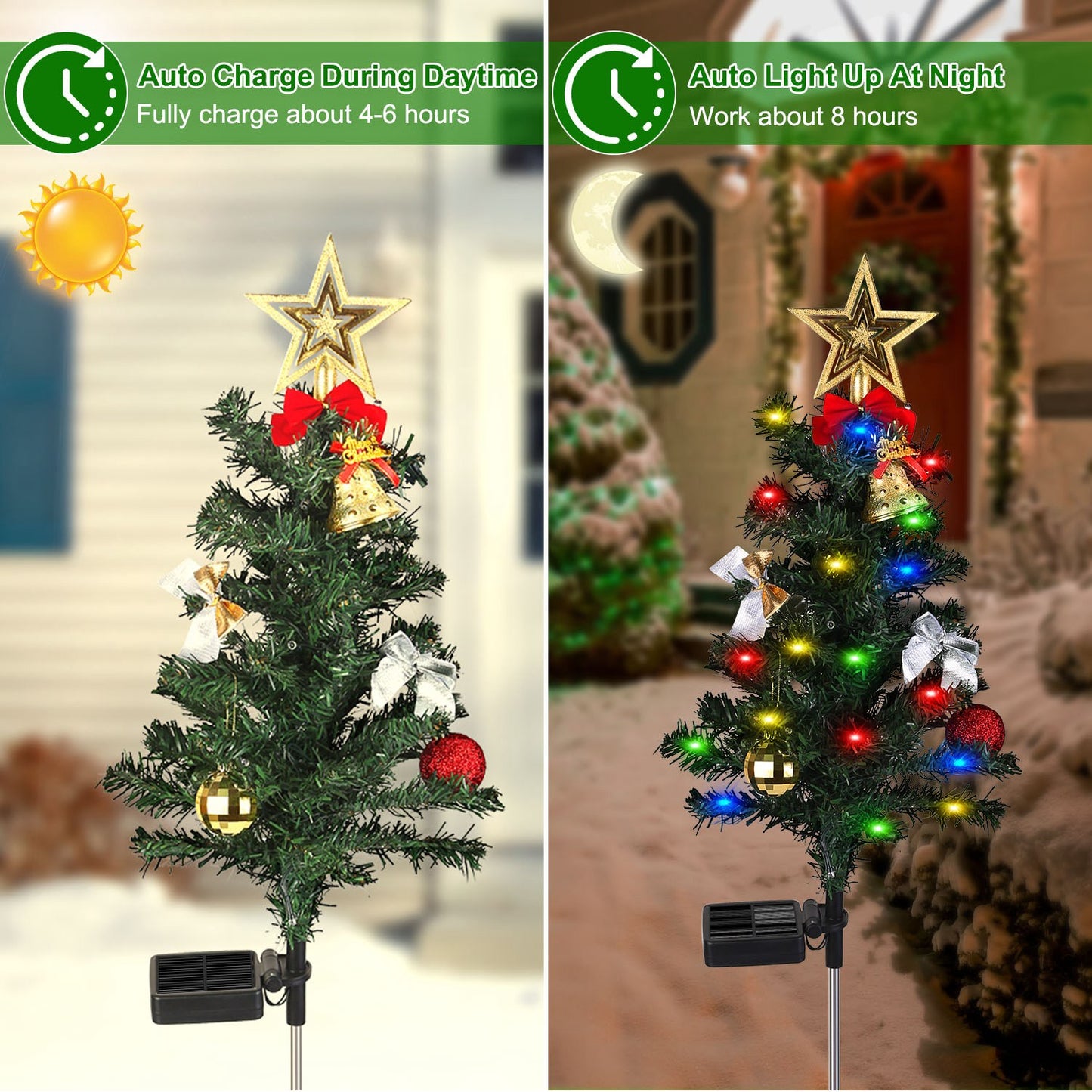 4Packs Solar Christmas Tree Lights Xmas Garden Decorations Tree Stake Lamp 20LEDs Solar Decor Light with Constant and Flashing Mode for Pathway Yard P