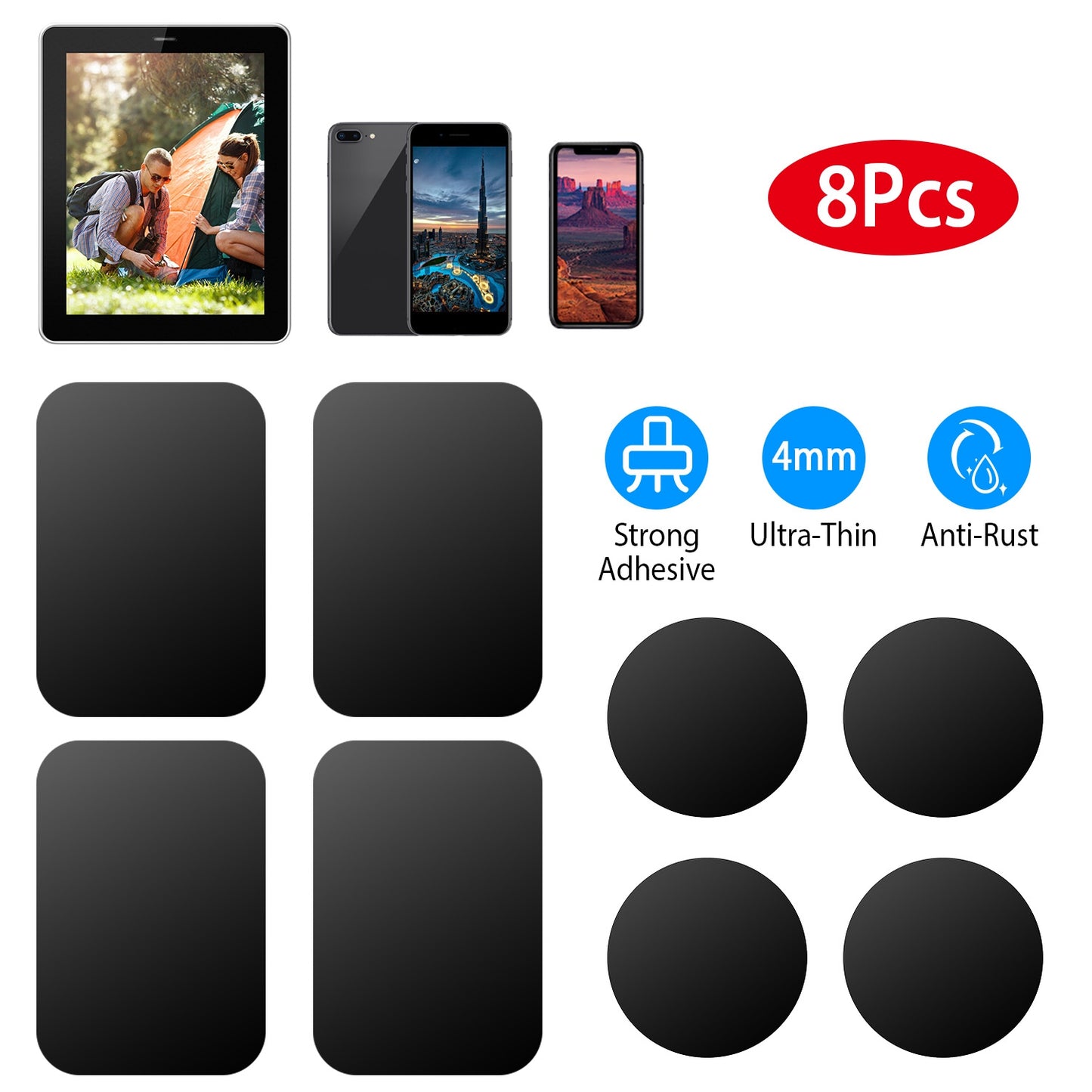 8Pcs UniversalÊMetal Plates with Strong Adhesive 4Pcs Round and 4Pcs Rectangle Metal Plates for Magnetic Car Mount Phone Holder