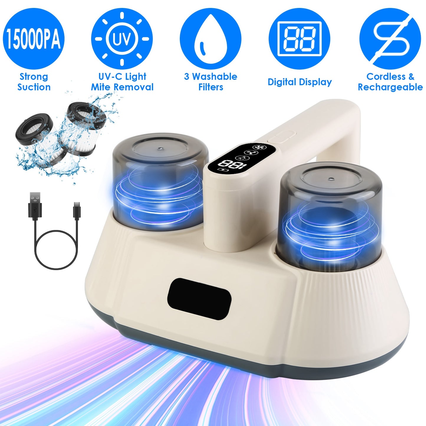 15000PA Double-Cup Bed Vacuum Cleaner with UV-C Light Cordless Mattress Vacuum Rechargeable Dust Mites Remover with 3 Washable Filters