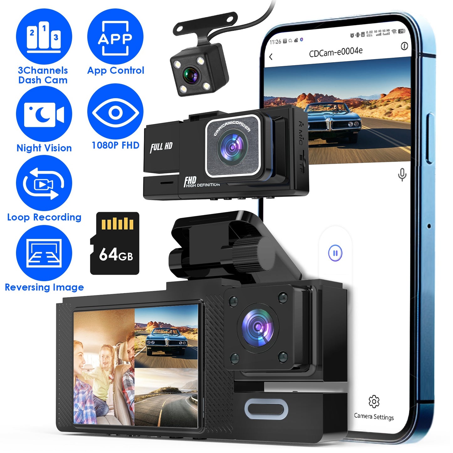 WiFi FHD 1080P Car Dash Cam 3 Channels Front Rear Inside Dash Camera with Loop Recording Reversing Image Night Vision 170¡ Wide Angle Support 64G MMC