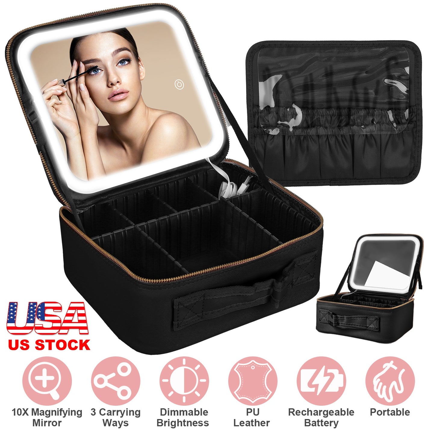 Travel Makeup Bag with LED Mirror Makeup Case Organizer with 3 Light Colors Adjustable Dividers Brush Holder Magnifying Mirror Dimmable USB Rechargeab