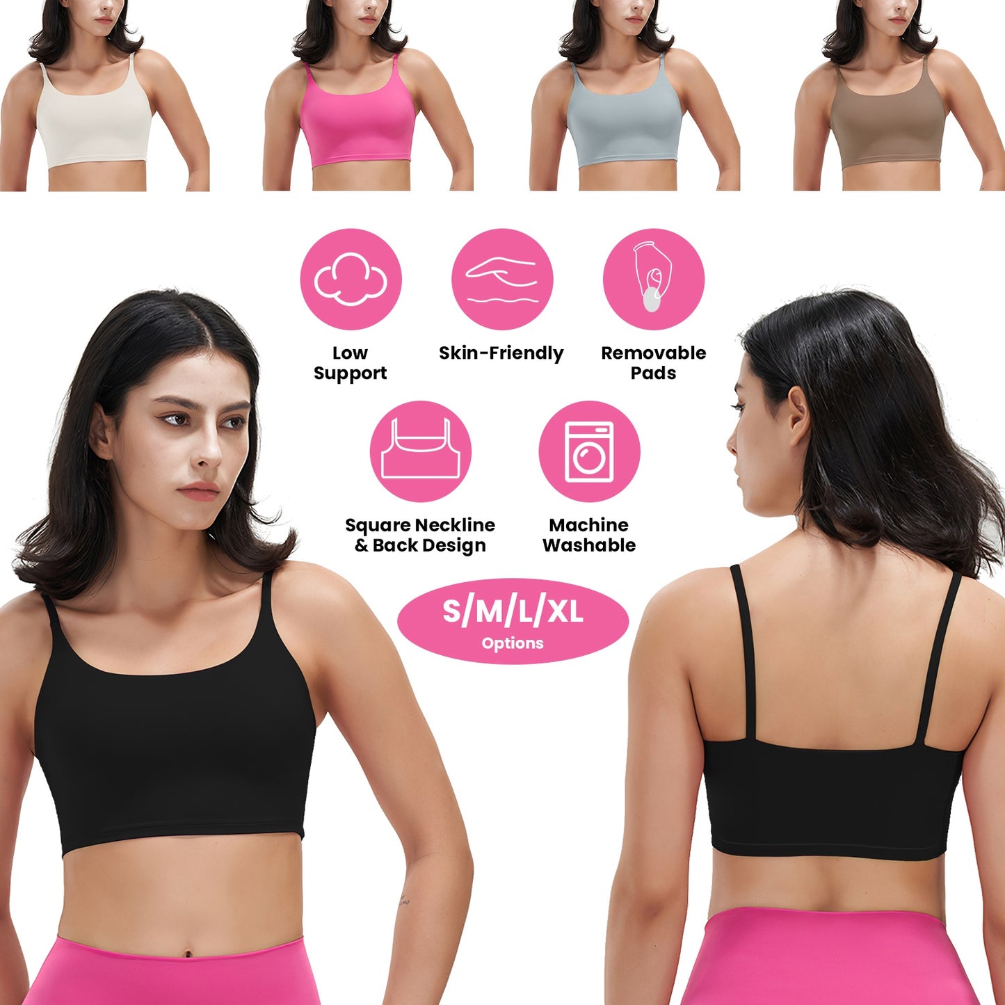 Women Strap Sport Bras Padded StrappyÊCrop Square Neck Low Impact Bras SexyÊFitnessÊTank Tops with Removable Pads Flat Straps for Gym Yoga Workout Run