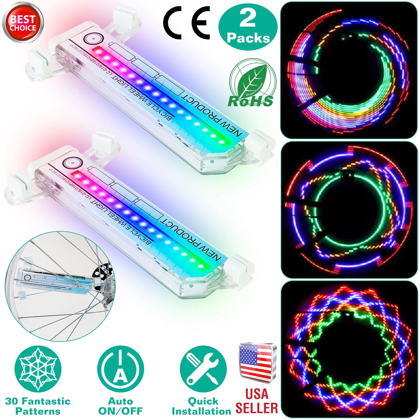2Pcs 32LEDs Patterns Cycling Lights Rainbow Wheel Tire Flash Lamp Bicycle Colorful LED Wheel Spoke Signal Light w/ 30 Patterns