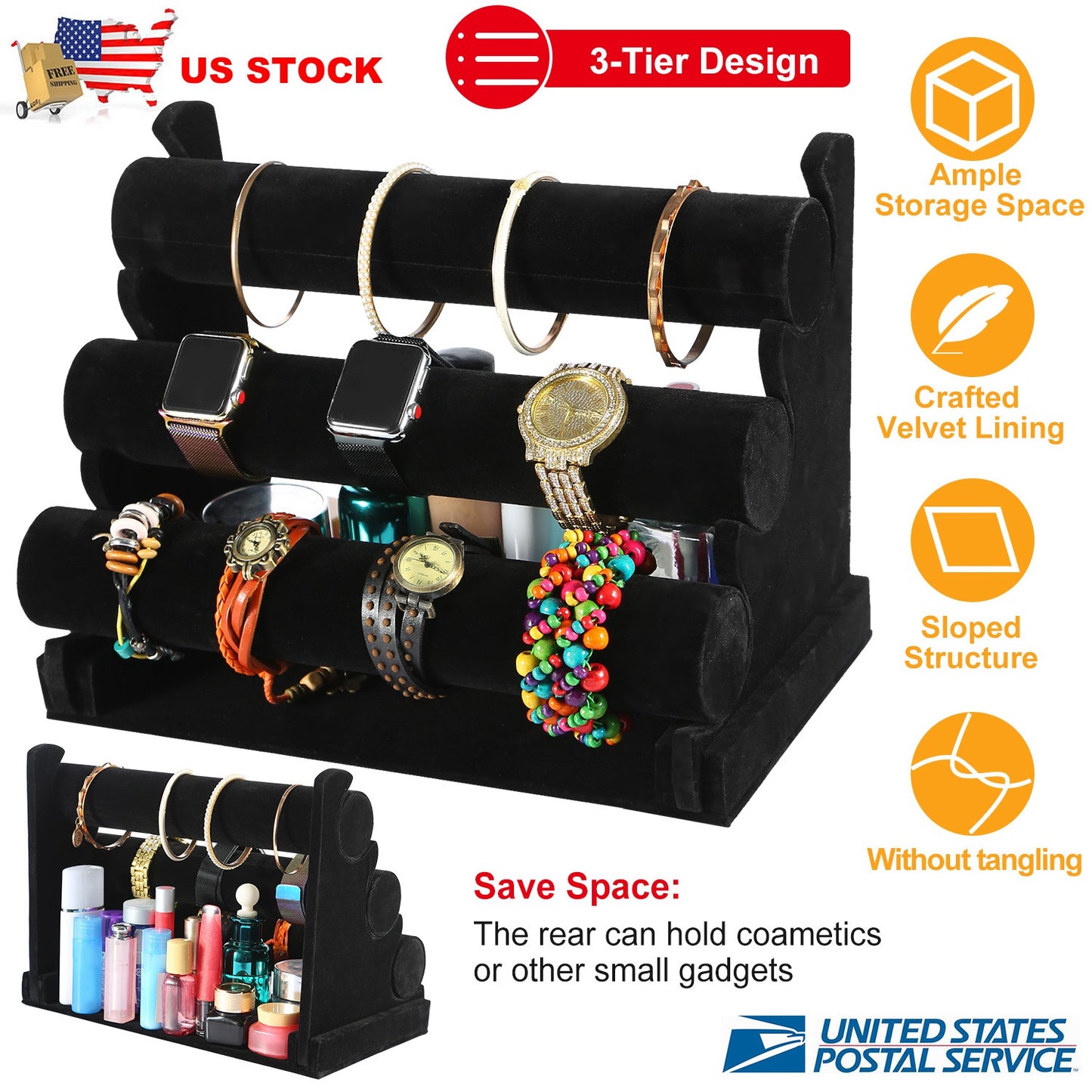 3-Tier Velvet Jewelry Stand Removable Bracelet Holder Watch Jewelry Bangle Display Rack