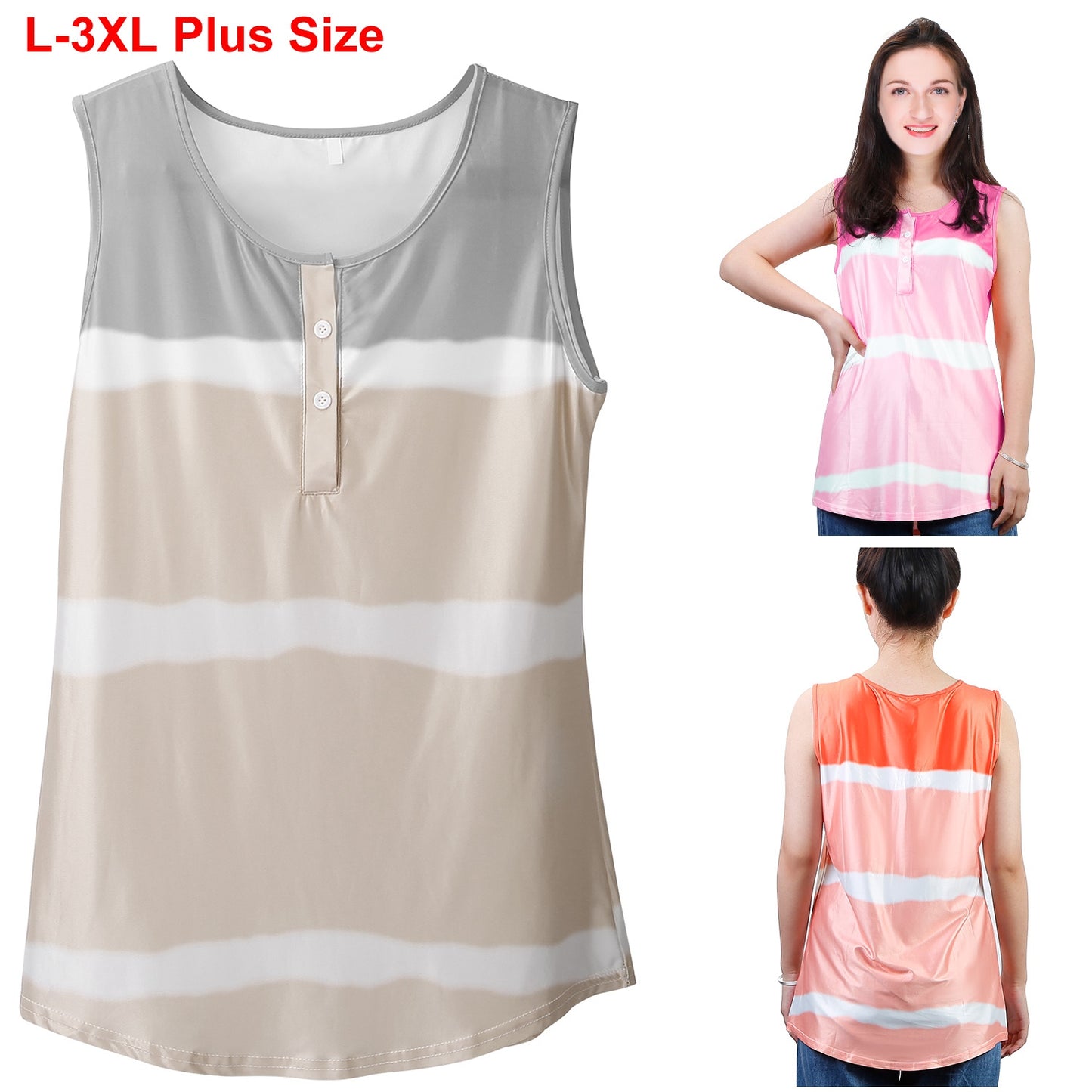 Women Tie-dye Sleeveless Tank Tops Summer Loose T Shirts Tops Button Down Shirts Vest Blouse Plus Size