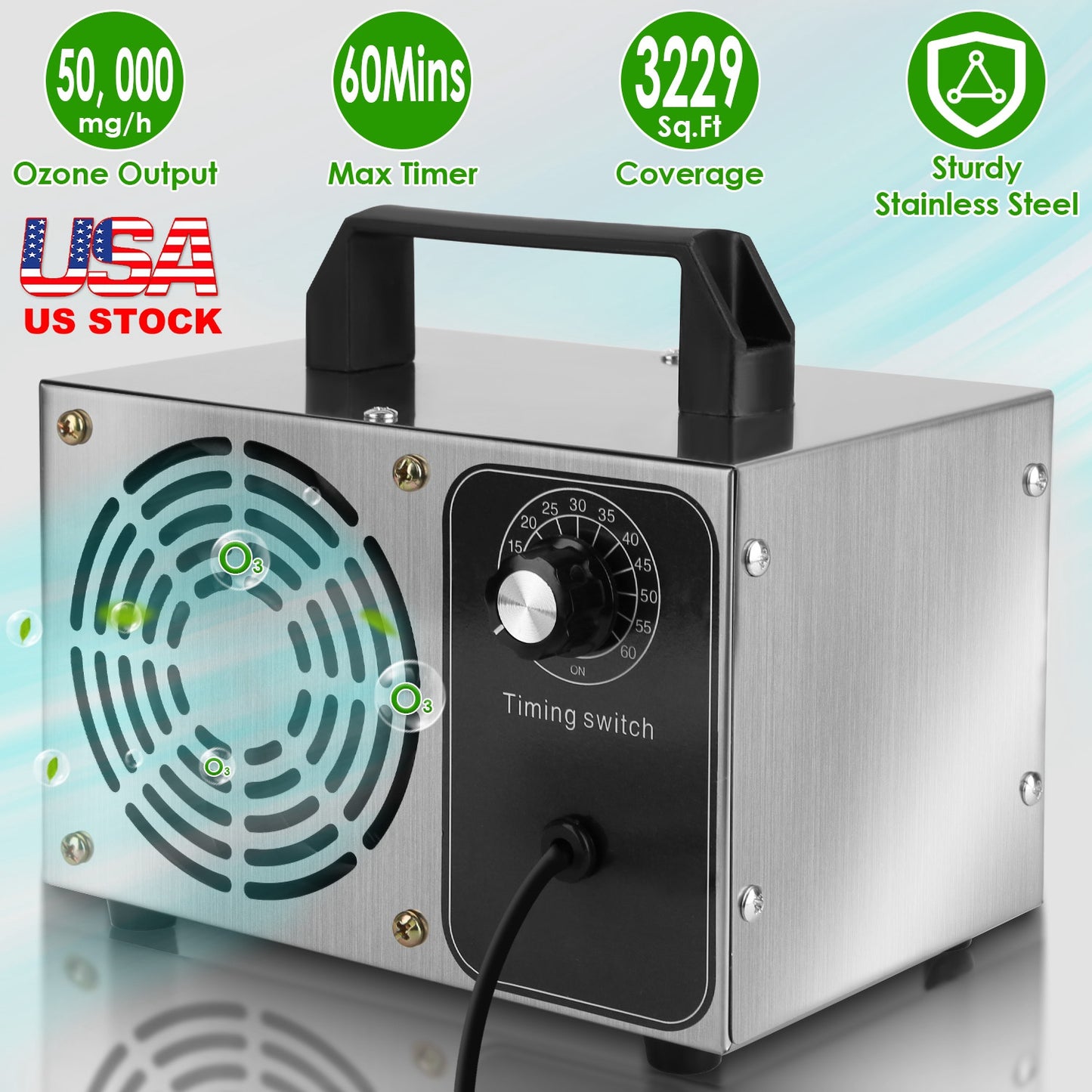 110W 50000mg/h Ozone Generator Odor Eliminator Ionizer Air Purifier with 60Mins Timer Cover up to 3229Sq.Ft for Rooms Smoke Cars Pets