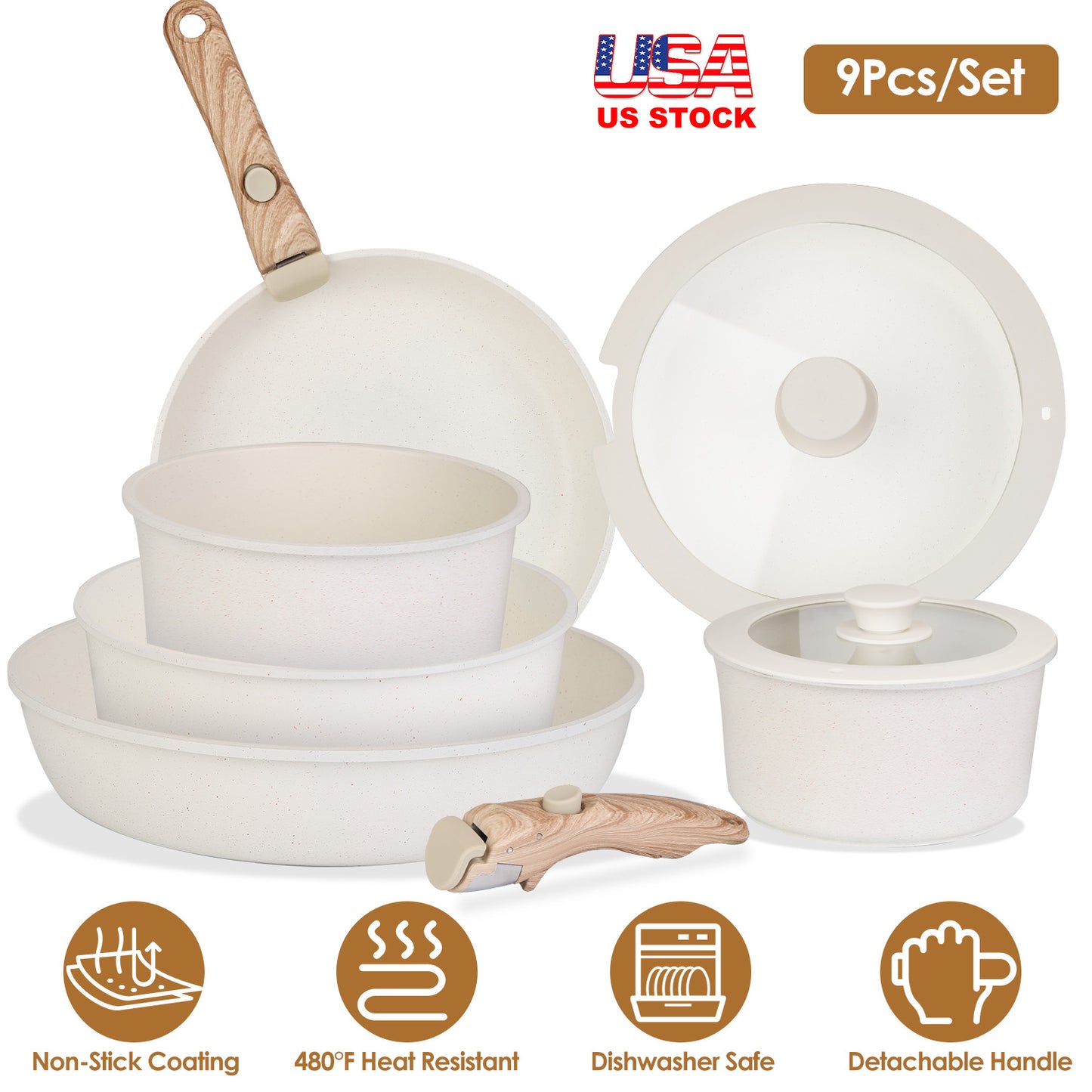 9Pcs Nonstick Cookware Set Kitchen Pots and Pans Set With Detachable Handles Tempered Glass Lids Dishwasher Oven Safe Aluminum Alloy Kitchen Cookware