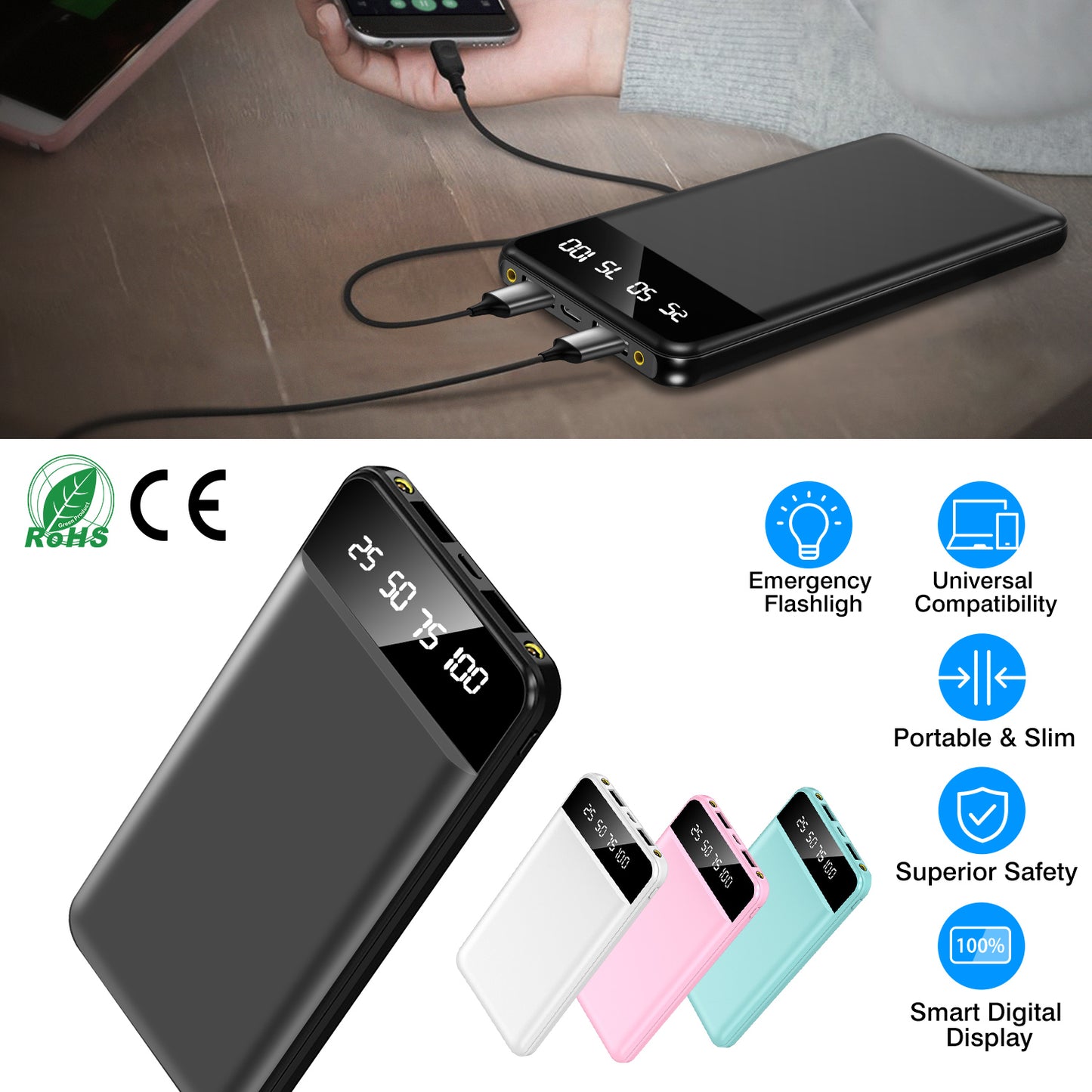 10000mAh Power Bank Portable Ultra Slim Charger External Battery Pack with 2 USB Output Ports Charging Cable LED Flashlight Compatible with IOSPhone 1