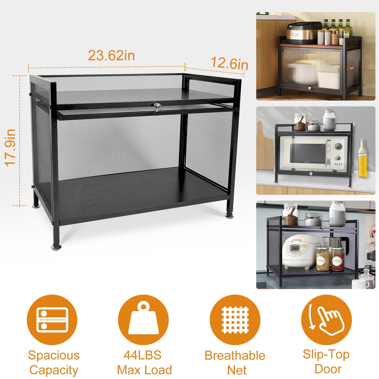 Bakers Rack Carbon Steel Kitchen Storage Cabinets Microwave Stand Kitchen Shelves with Microwave Compatibility Translucent Door Net Panel