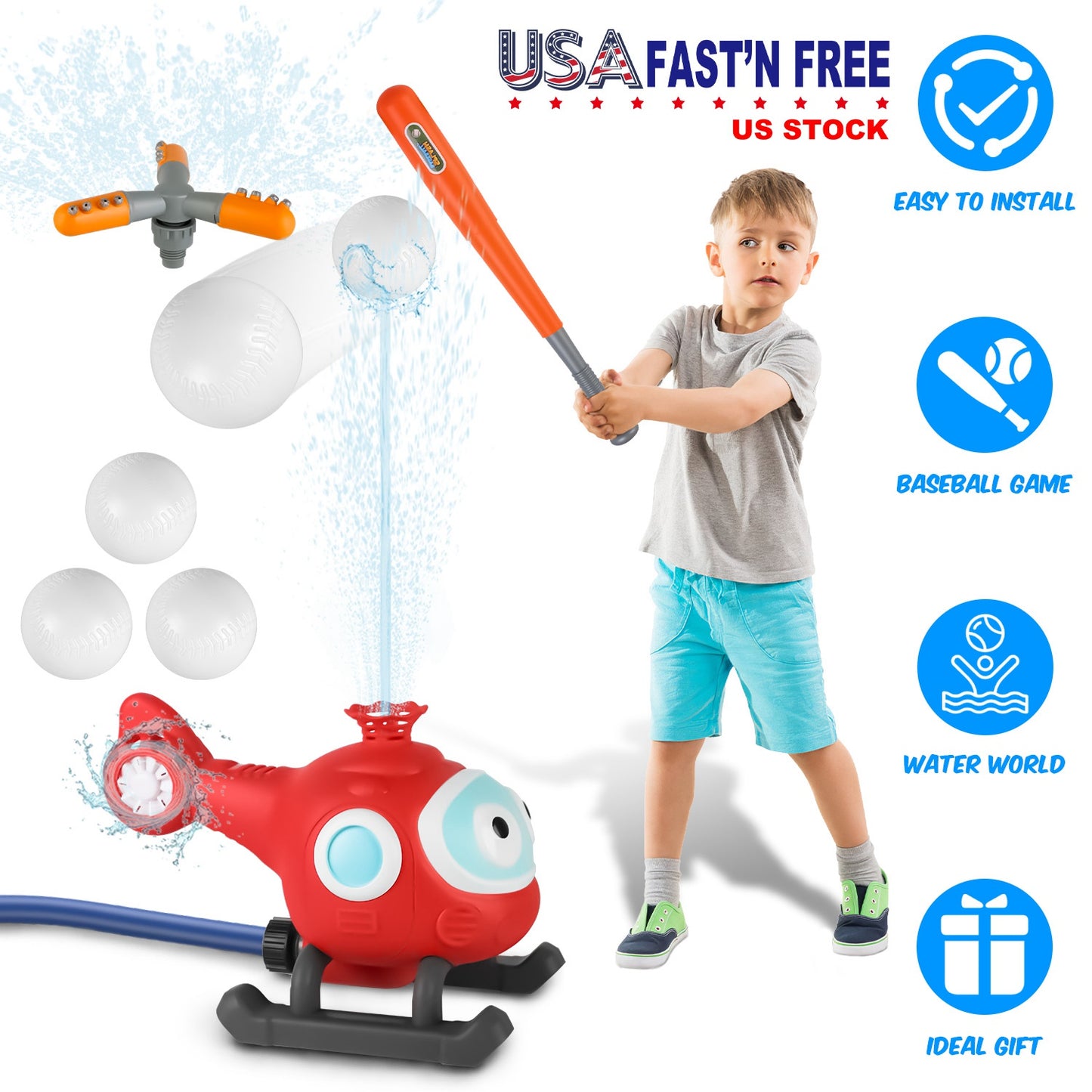 2 In 1 Water Sprinkler Baseball Helicopter Toy for Kids 360¡Rotating Water Tee Ball Set for Backyard Lawn Pool Party Outdoor Summer Game for 3+ Years
