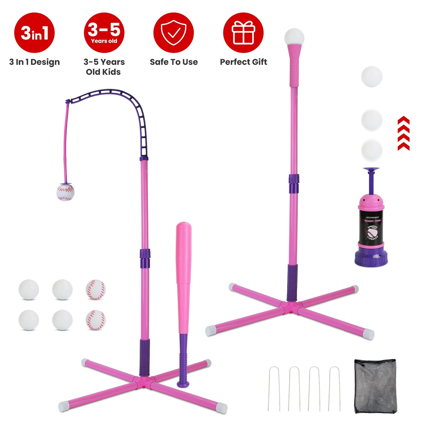 3-In-1 Baseball Toy Set For 3-5Years Old Kids And Toddlers Includes Tee Ball Stand Hanging Tee Automatic Ball Launcher with Adjustable Height For Indo