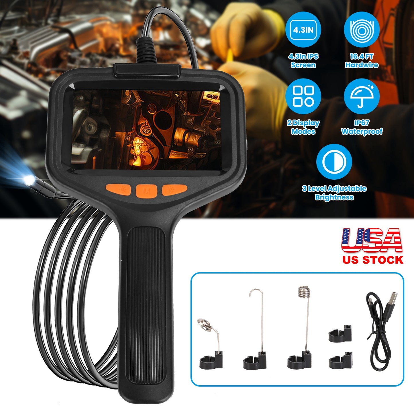 4.3in Inspection Camera with Light Articulating Borescope Endoscope Camera with 16.4FT Wire 2 Modes 3 Adjustable Brightness IP67 Waterproof for Plumbi