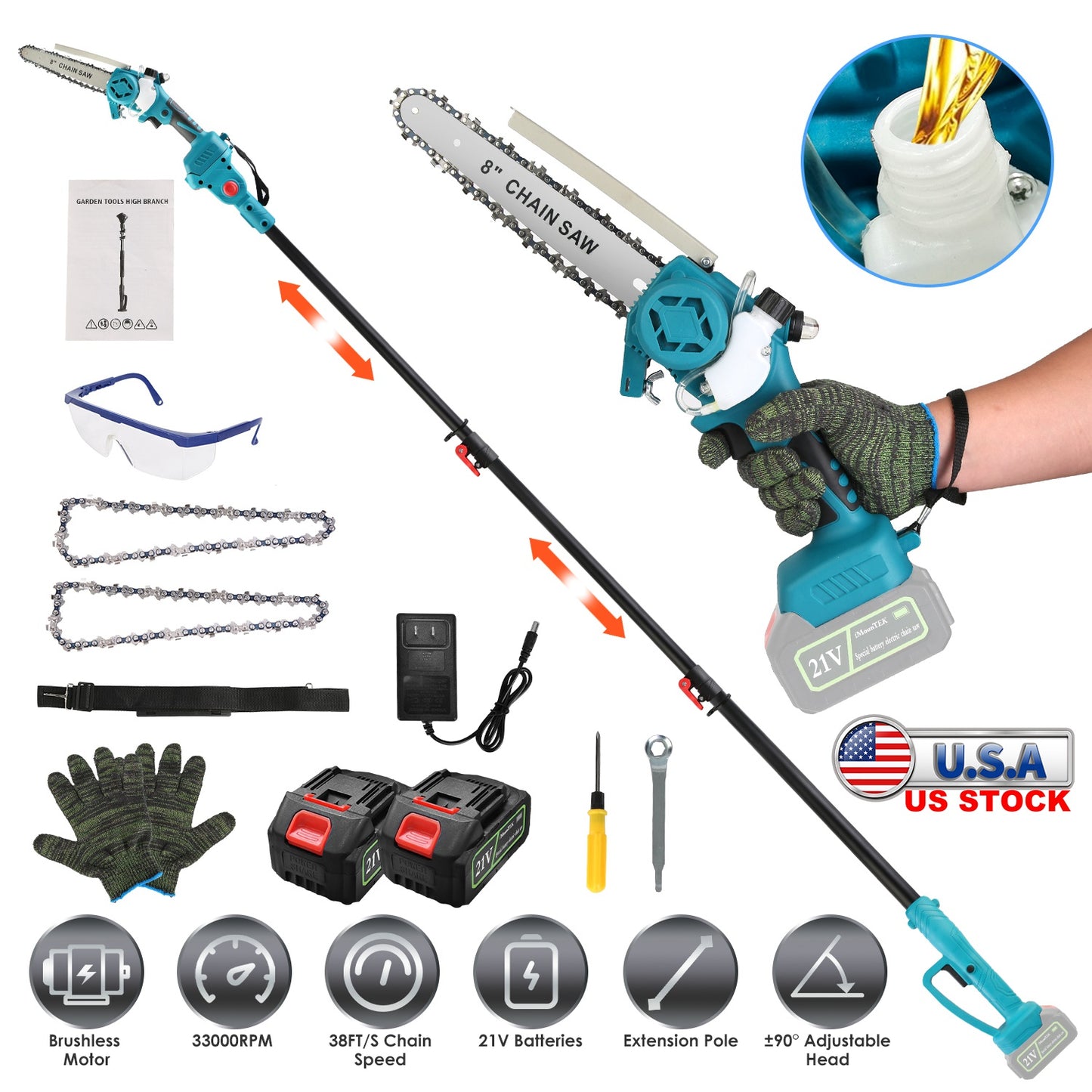2-IN-1 Cordless Pole Saw And Mini Chainsaw With Extension Pole 21V Battery 8Ó Electric Brushless Pole Chainsaw with Auto Oiler Safety Switch 6.4LBS Li