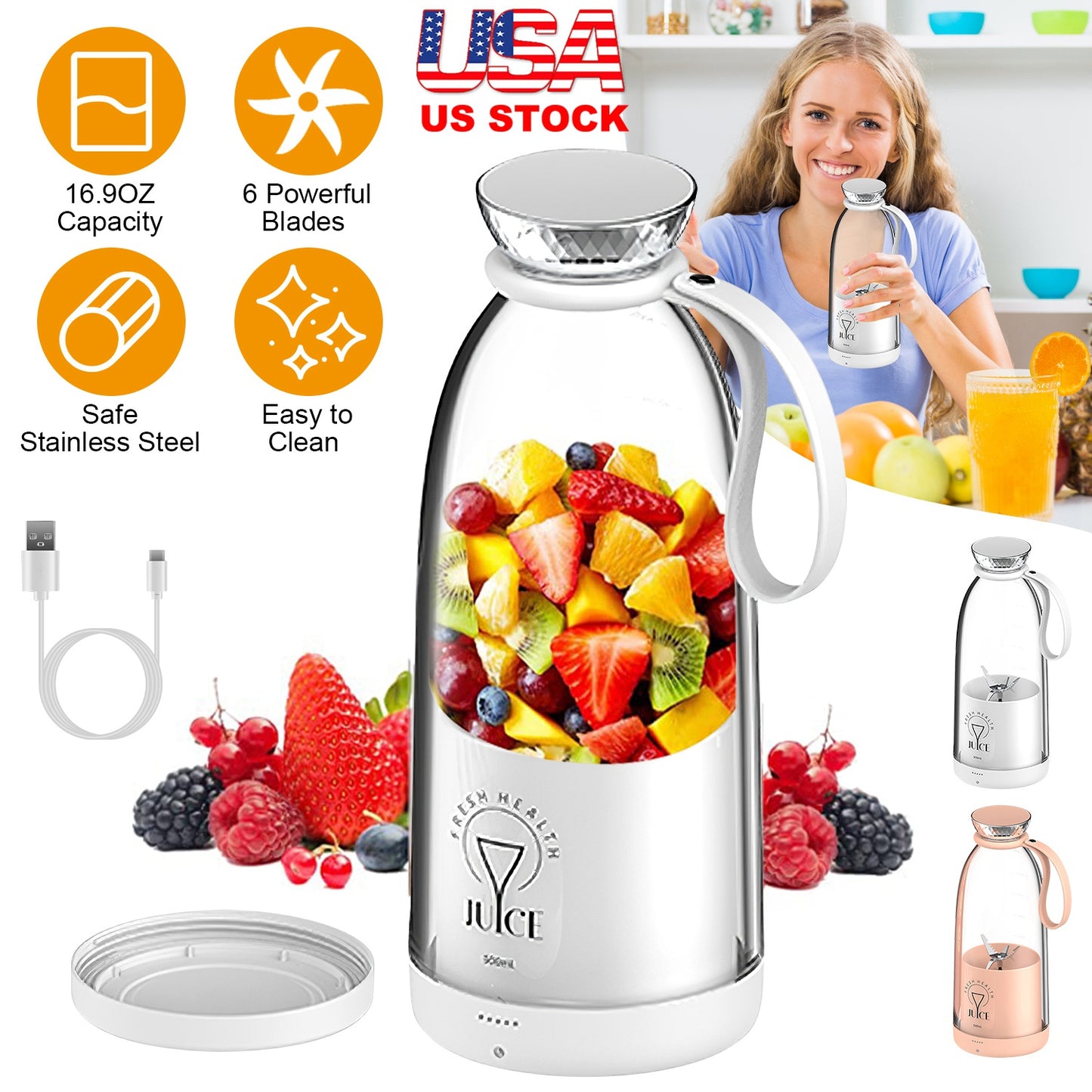 2-in-1 16.9OZ Portable Fruit Blender Electric Rechargeable Juice Cup for Shakes Smoothies Juice Personal Fruit Mixer with 6 Blades