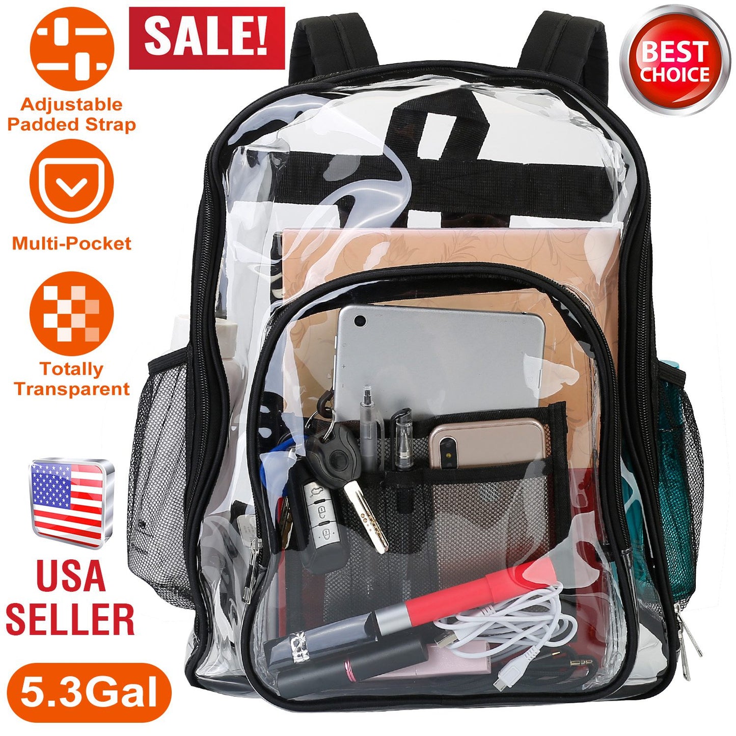 Clear Backpack Heavy Duty Transparent Book Bag Waterproof PVC Clear Backpack 5.3Gal with Reinforced Strap for College Workplace