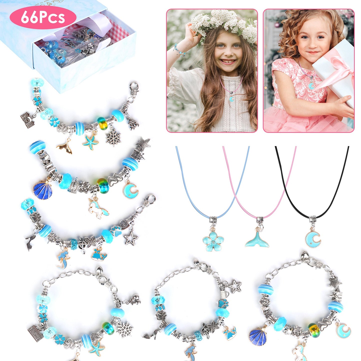66Pcs Charm Bracelet Making Kit Kids\' Jewelry Necklace Making Kits Colorful DIY Charm Beads Pendant SetÊJewelry Decor Supplies with Gift Box for 5-12