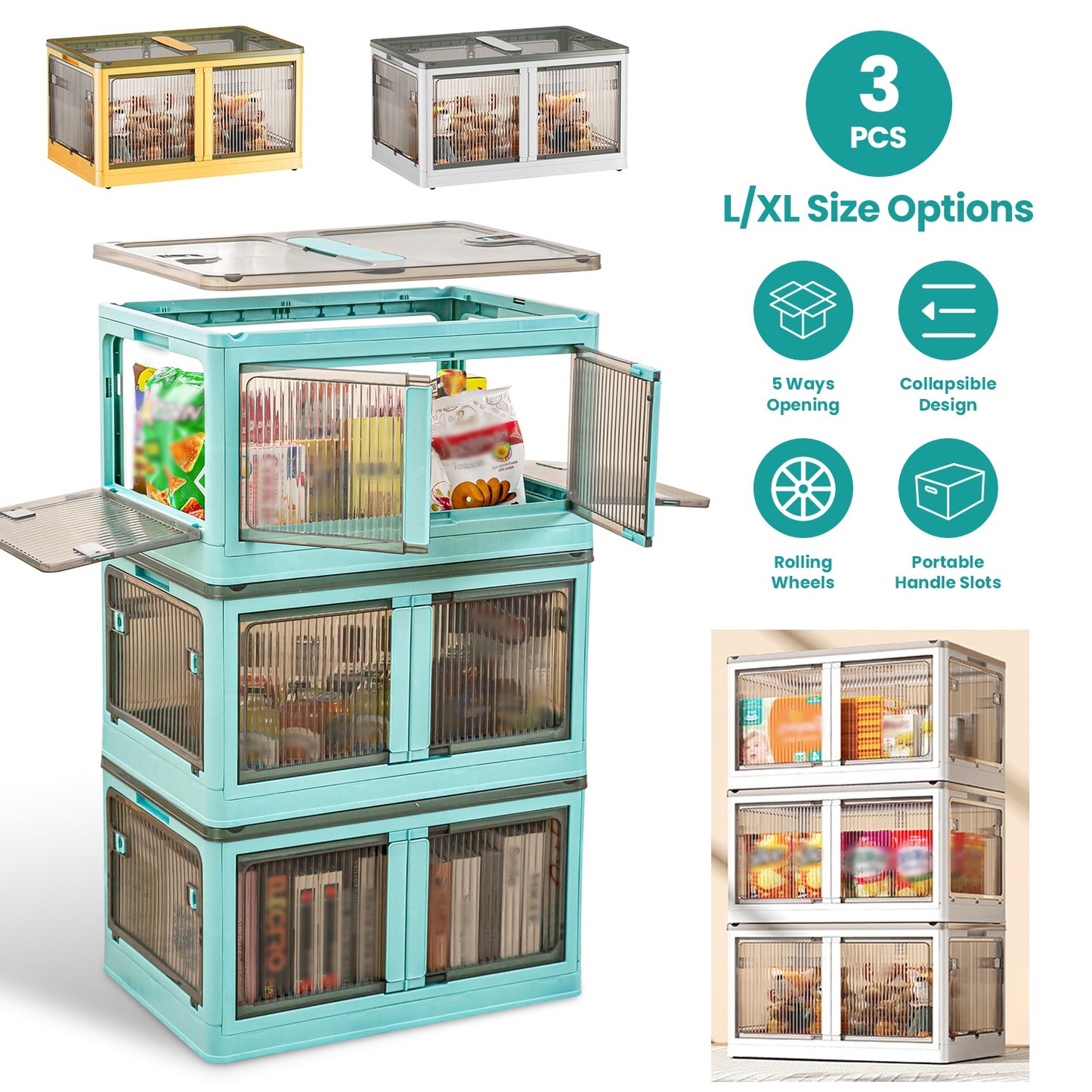 3Pcs Foldable Storage Bins with Lid 4 Doors Collapsible Stackable Closet Organizer Containers with Lock 4Pcs Wheels