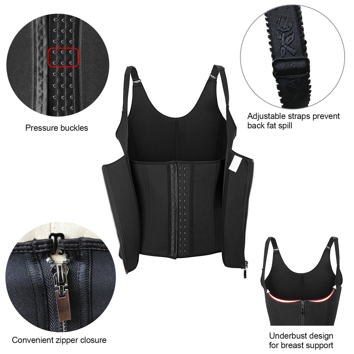 Zippered Waist Trainer Corset Waist Tummy Control Body Shaper Cincher Back Support with Adjustable Straps for Women