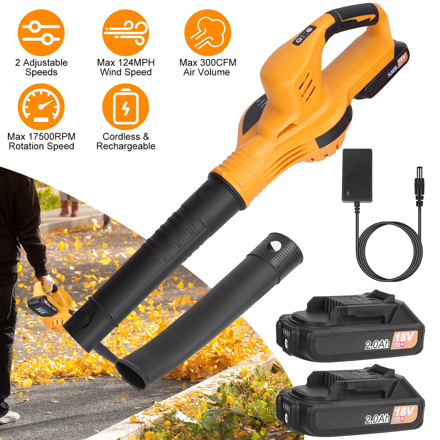 Cordless Leaf Blower Handheld Electric Battery Powered Air BlowerÊMax 124MPH 300CFM with 2 Adjustable Speeds 2Pcs 18V 2000mA Battery and Charger for Y