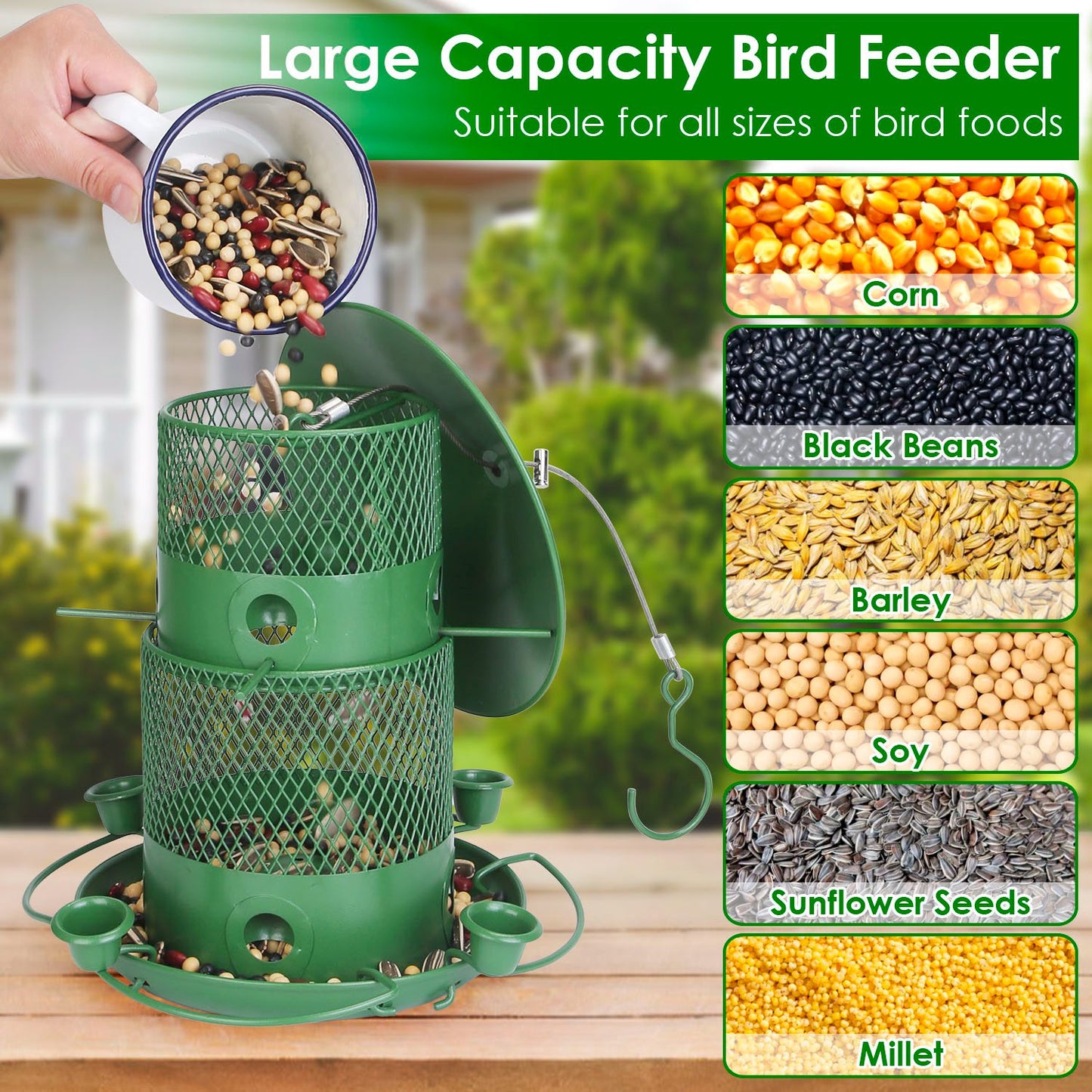 Wild Bird Feeder Squirrel-Proof Chew-Proof Metal Bird Seed Feeder Outdoor Hanging Bird Feeder With 360¡ Circular Perches Water Cups For Yard Garden Pa