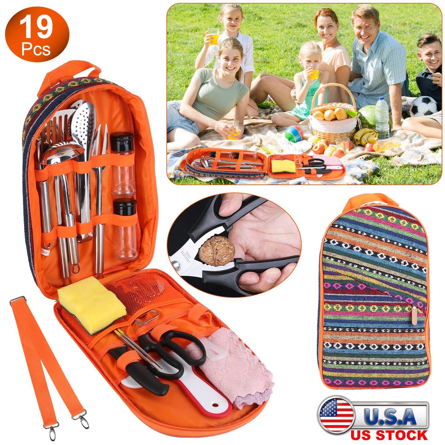 19Pcs Camping Cooking Utensil Kit Portable Picnic Cookware Outdoor Kitchen Equipment Gear Campfire Barbecue Appliances with Storage Bag