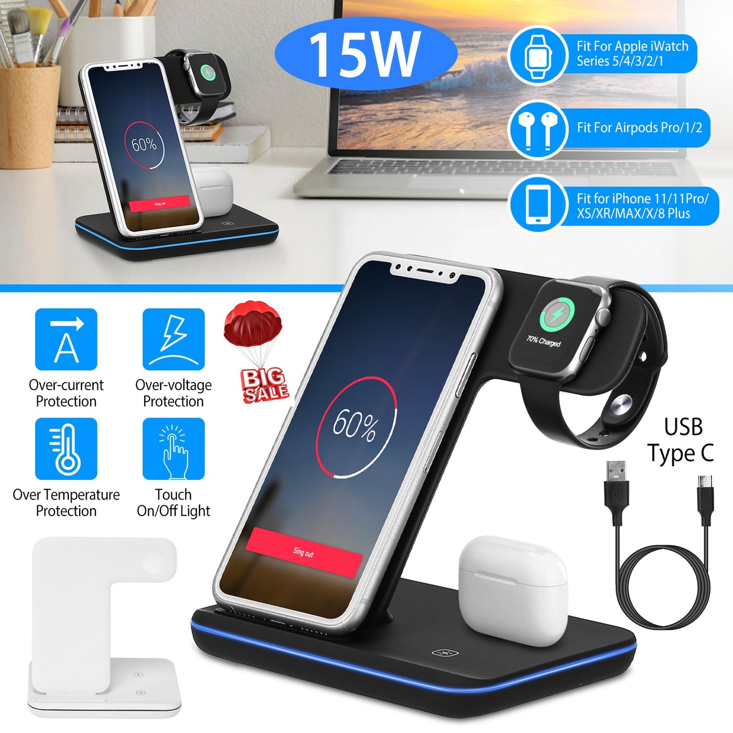 Wireless Charger 3 in 1 Charger Stand 15W Fast Charging Station Dock for iWatch Series 5/4/3/2/1 AirPods iPhone 11/11 Pro/Xs/X Max/XR/X/8/8Plus Samsun