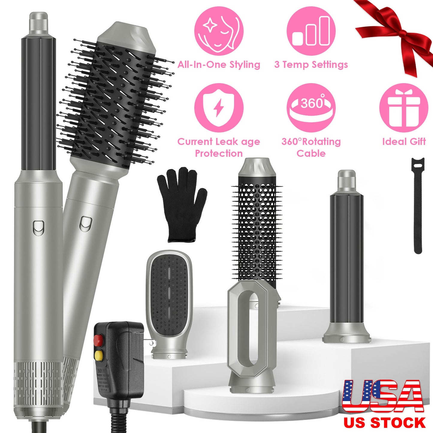 6 In 1 Hot Air Styler Volumizer Straightener Curler Dryer Automatic Wrap Styler Hair Dryer Brush Set with 3 Temp Settings ALCI Plug Glove Cable Zip Ti