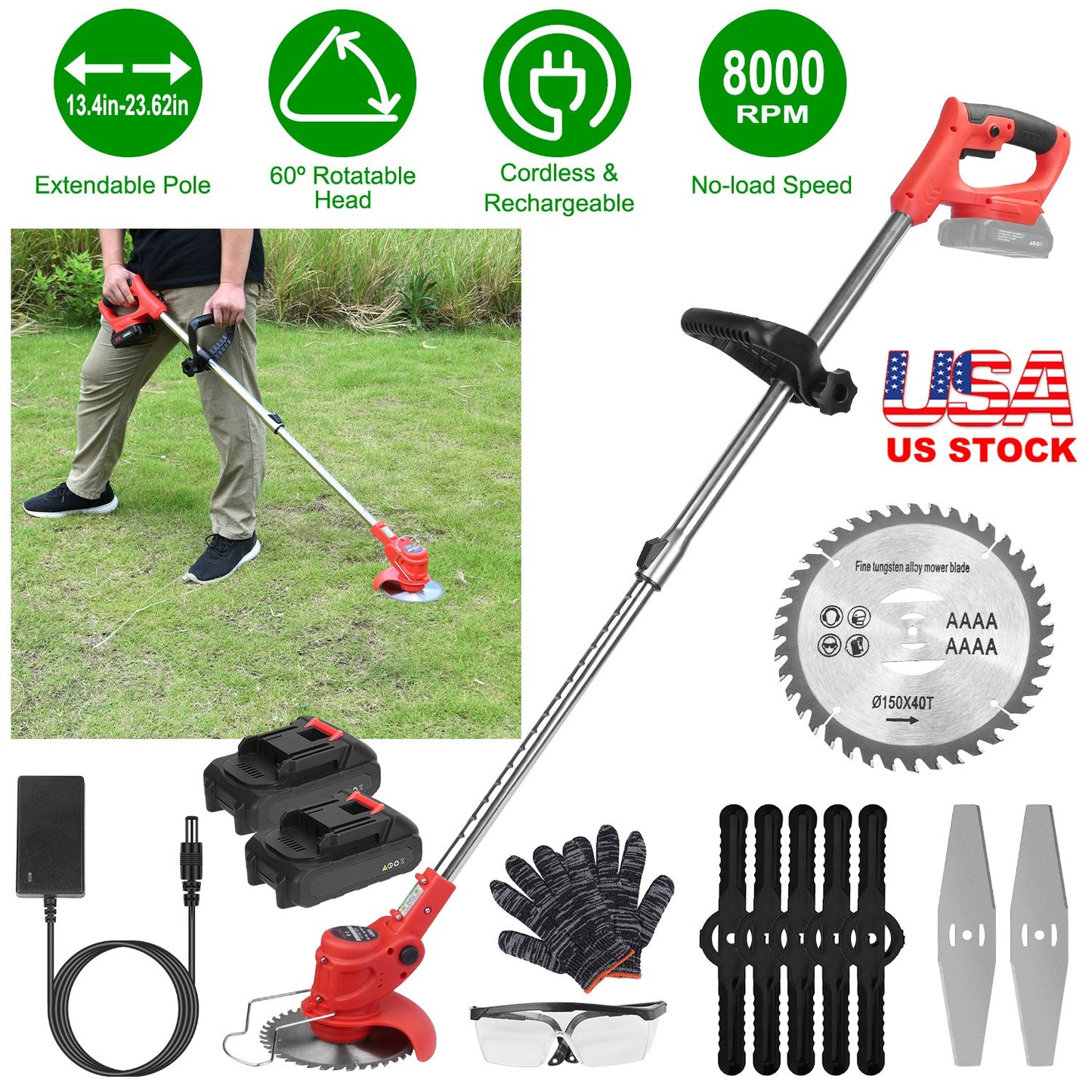 Electric Cordless Grass Trimmer Rechargeable Lawn Mower Weed Cutter with 2 Alloy Saw Blades 2 Alloy Blades 10 Plastic Blades 2 Rechargeable Batteries