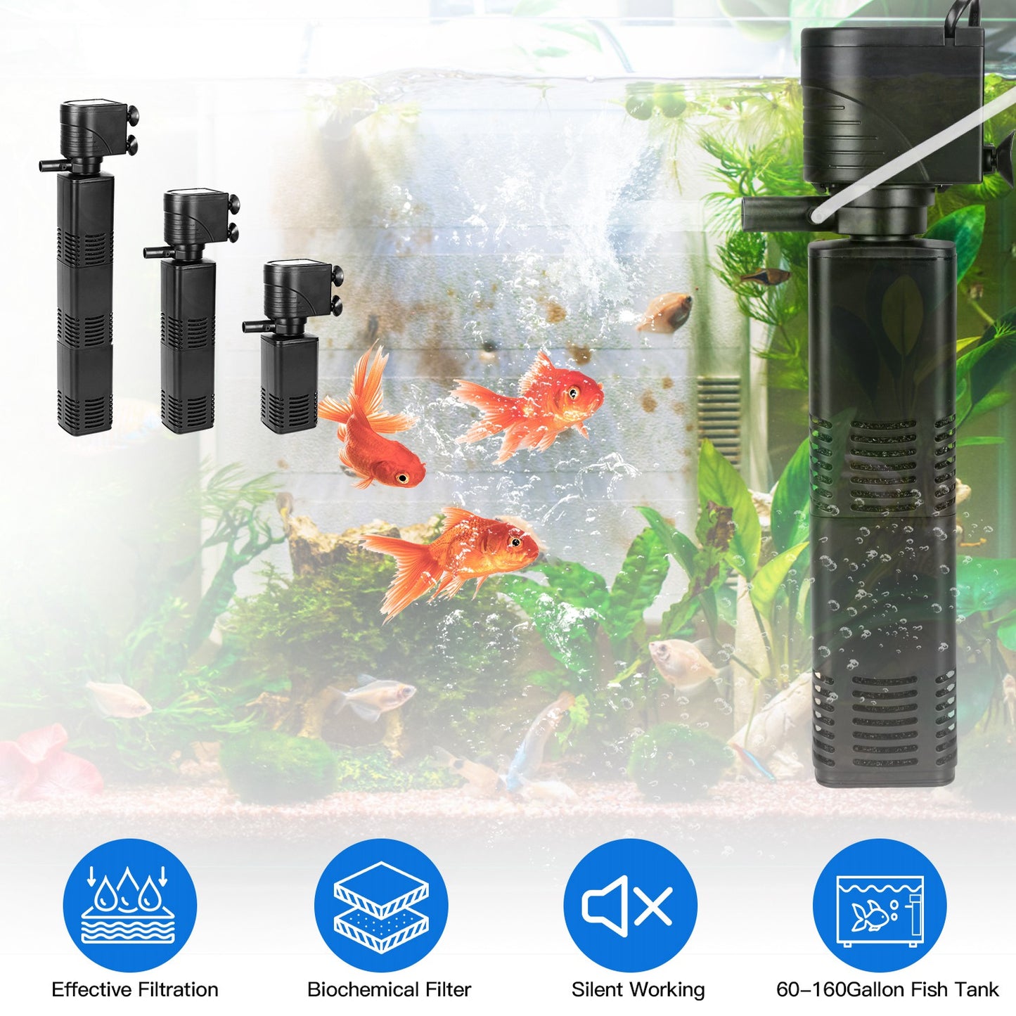4 in 1 Submersible Aquarium Filter for 60 to 160Gallon Fish Tank Powerful Internal Fish Tank Filter with Biochemical Cotton Filter For Saltwater Fresh