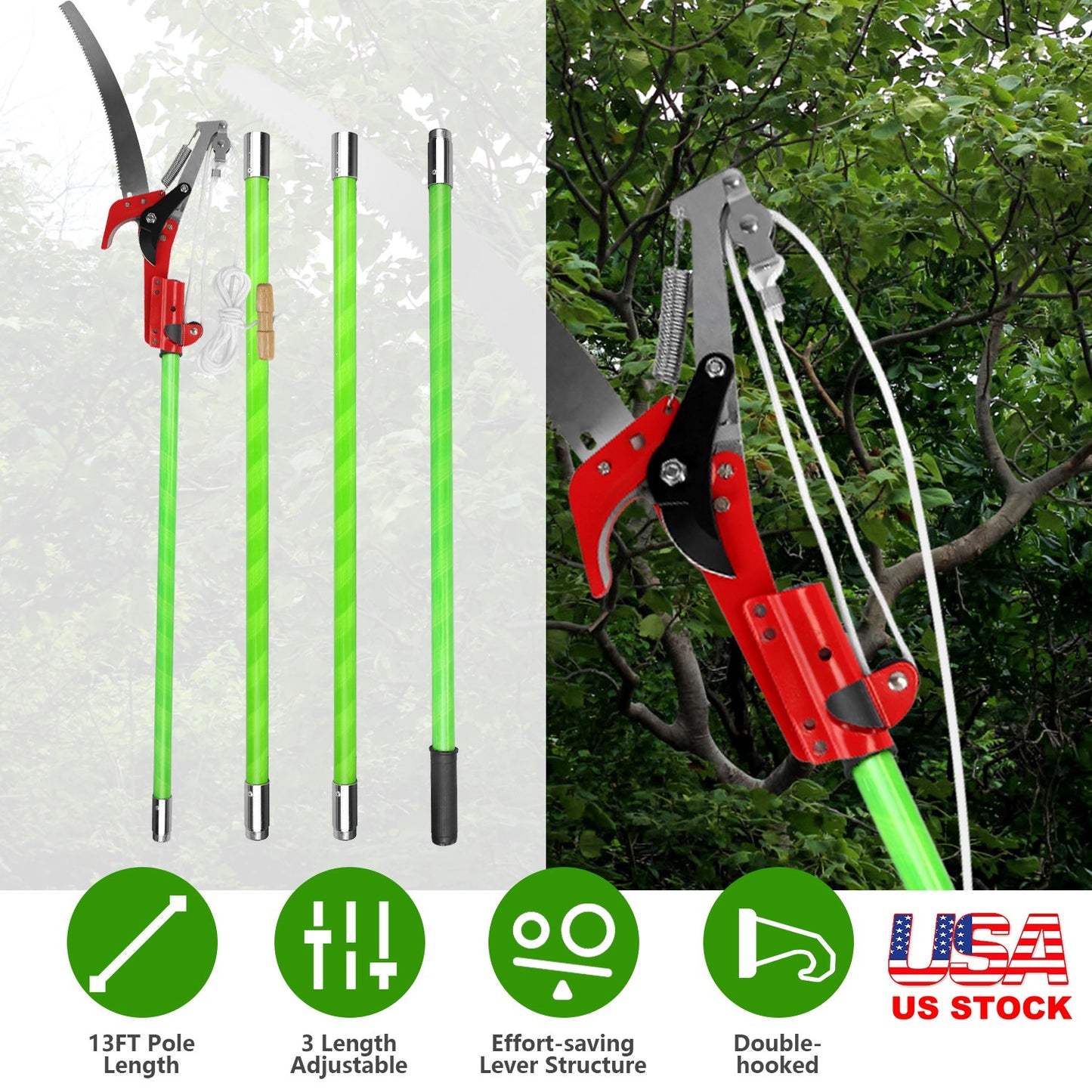 2 In 1 Extra Long Manual Pole Saw 8.23-15.12FT Extendable Tree Pruner for High Branches with Pruner Scissors 2 Double-hooked Saw Blades Goggles Gloves